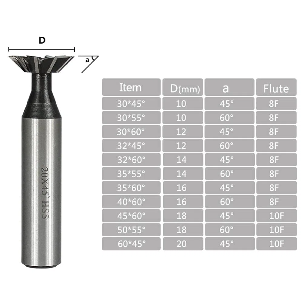 Fresa de cola de milano 45 55 60 grados HSS Fresas de extremo de acero de alta velocidad CNC Máquina de enrutador Bit cortador de metal herramienta de ranurado-12x45 grados