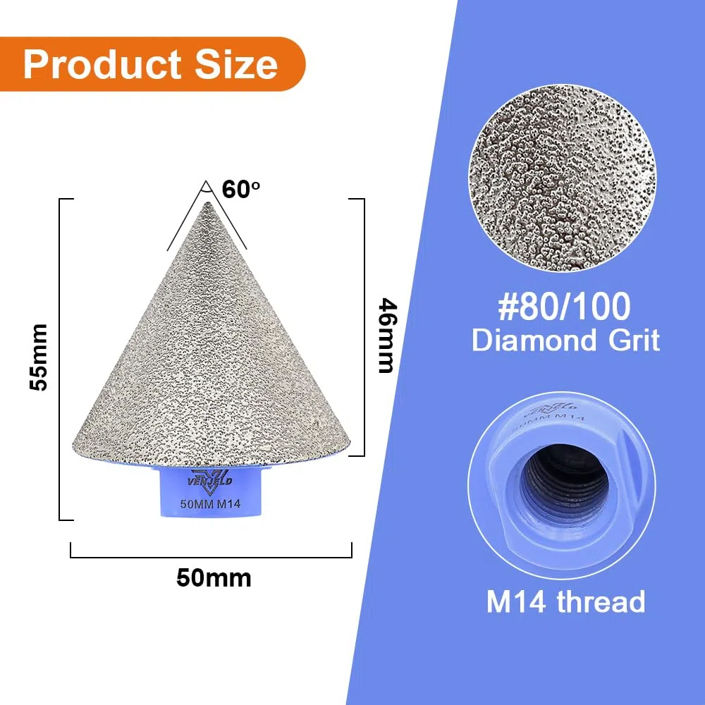 Broca Biselada Diamante para Chaflán 50mm Broca de Fresado con Rosca M14 para Achaflanar Agrandar Rectificar Agujeros en Cerámica Porcelana Azulejos Mármol Granito VENJELD