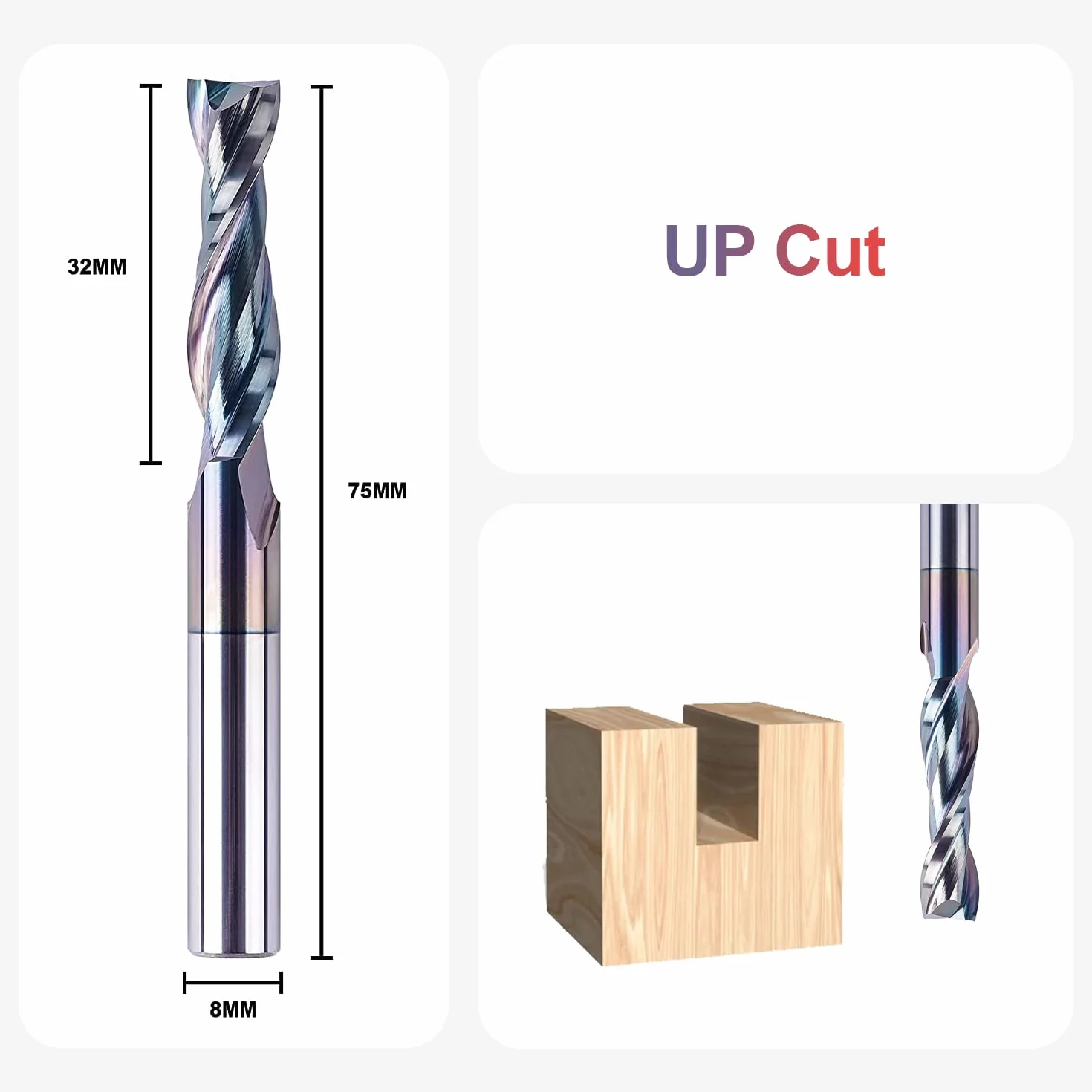 SpeTool Fresas para Madera 8 mm Fresa de Ranurar UP CUT Fresa Helicoidal HRC55 CNC Carburo Sólido Fresa Espiral Longitud de Corte 32mm con Revestimiento TAC Fresas de Corte para Cortar Madera