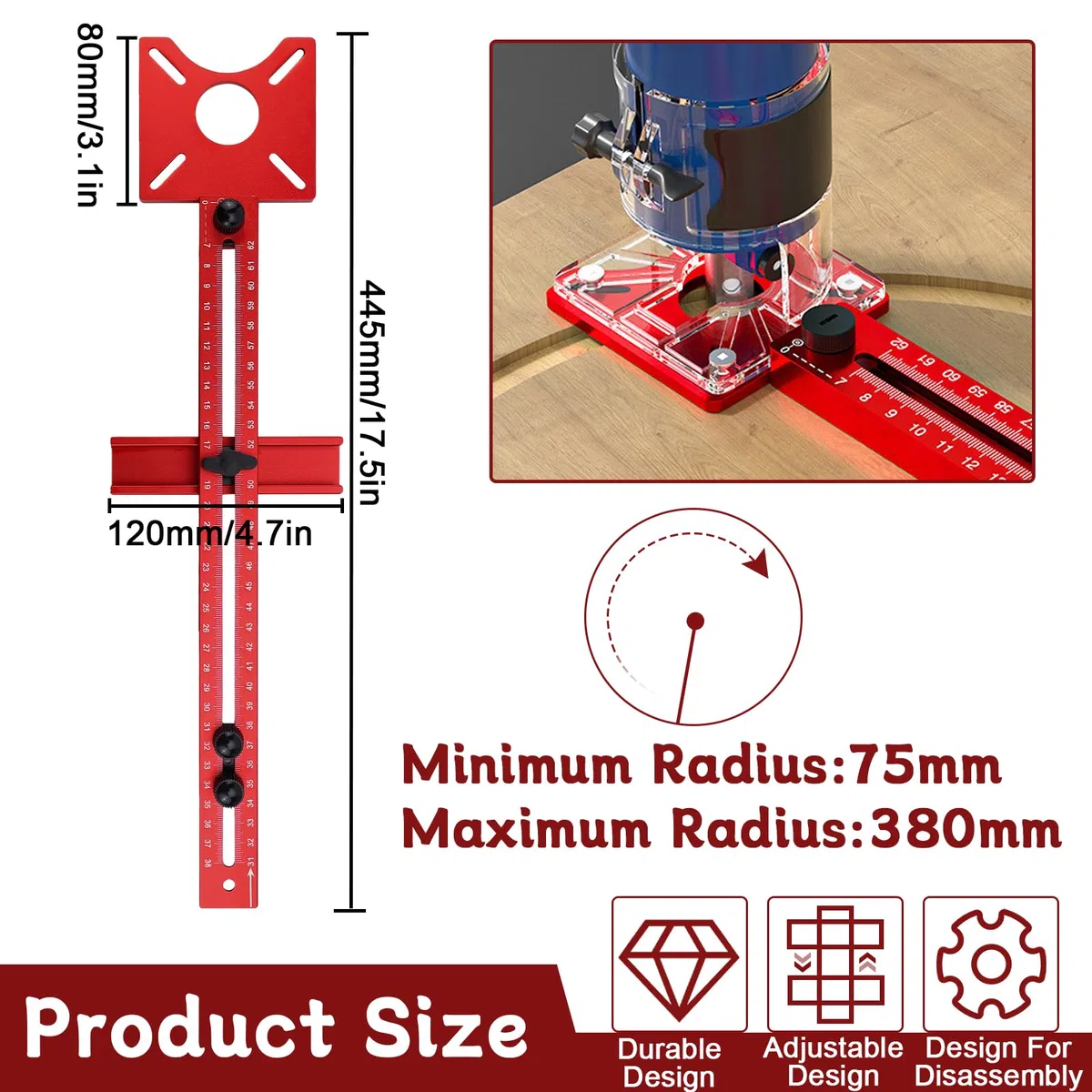 Fresadora de fresado ajustable de aluminio, placa de inserción de radio de 90 mm hasta 370 mm, compás de fresado, accesorios para herramientas de fresado