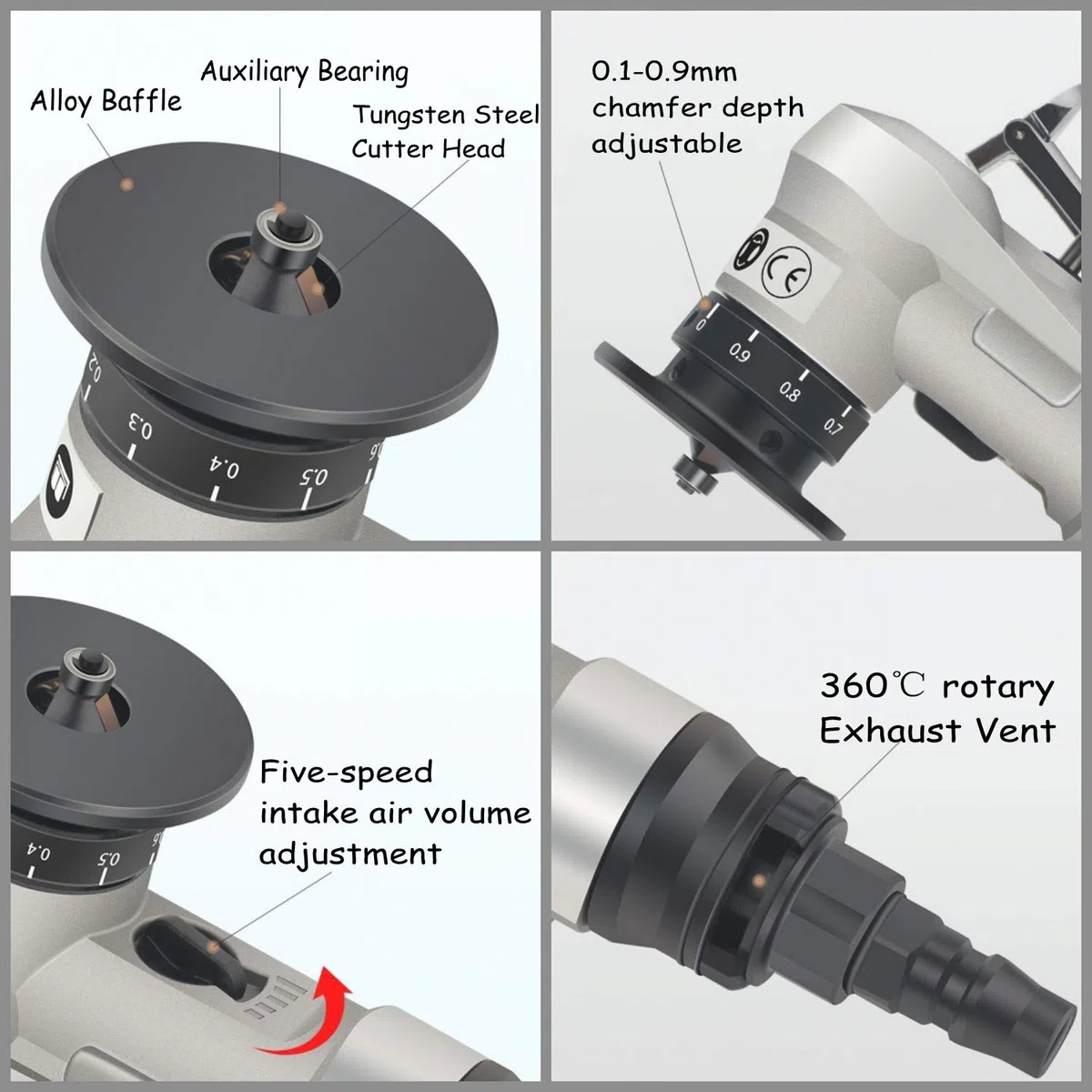 Mini máquina de corte de chaflán Aire comprimido, velocidad de ralentí: 30000 rpm, capacidad de chaflán: C0.1-C1.5, profundidad ajustable: 0.1 mm-0.9 mm, para borde recto/circular