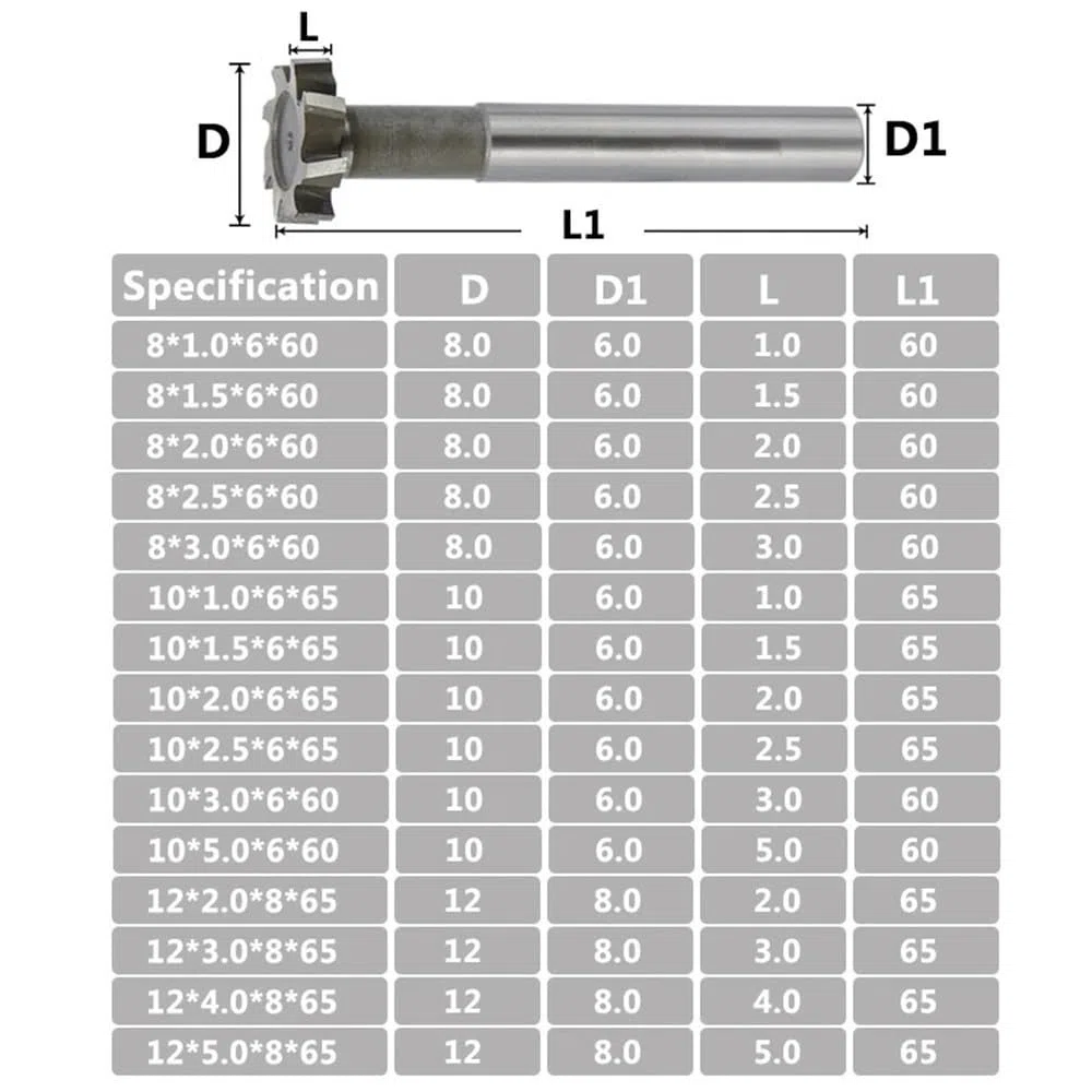 Fresa para ranuras en T, Fresa de acero alta velocidad con ranura en T HSS, cortador 8-20 mm for fresado máquina CNC(14x4x8x65mm)