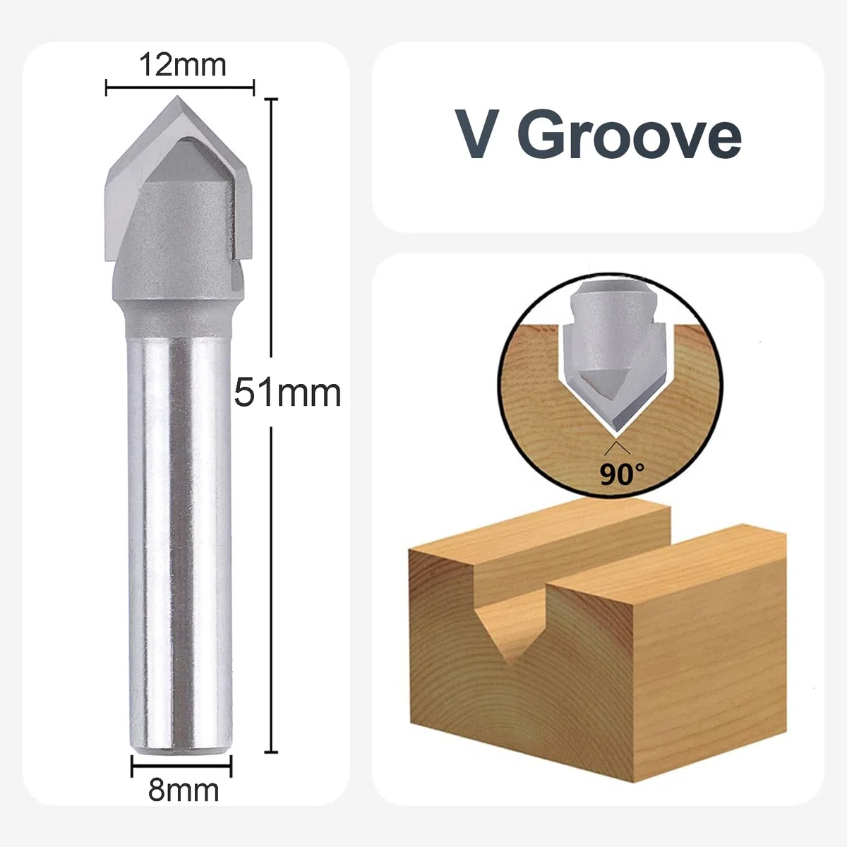 SpeTool Fresa de Chaflán Fresa para Madera 8mm Fresa de Ranura en V Fresa Grabado 90 Grados 2 Filos Carburo Sólido de Tungsteno con TiAlN Revestimiento Fresas de V para CNC para Grabar Chaflanes