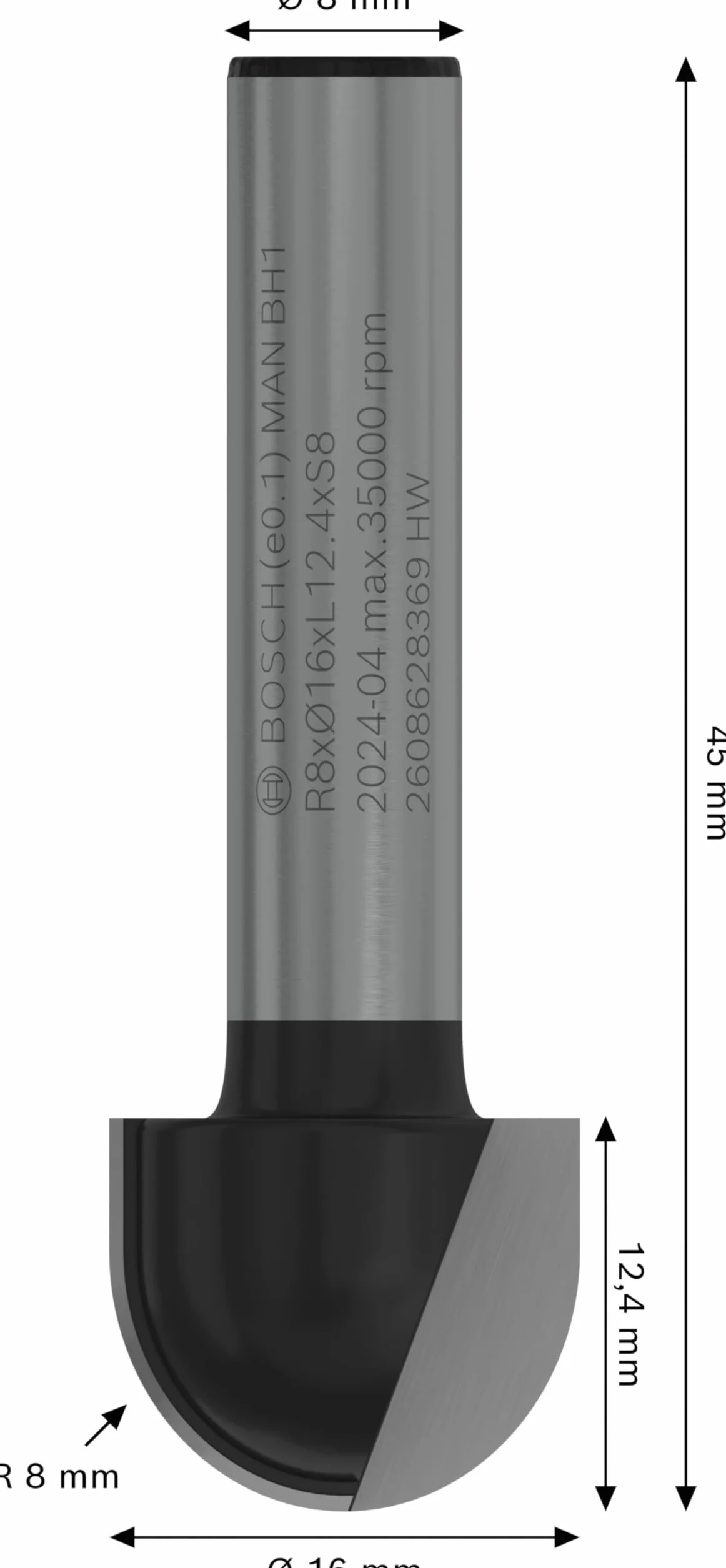 Bosch Professional 2 608 628 369 - Fresas para medias cañas - 8 mm, R1 8 mm, D 16 mm, L 13 mm, G 45 mm (pack de 1)