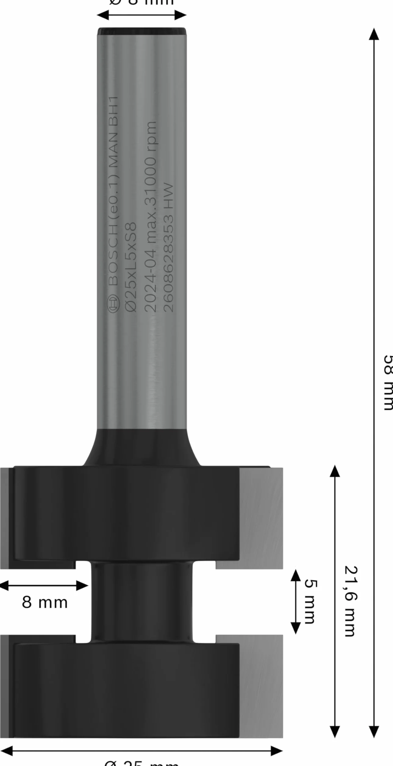 Bosch Professional 2 608 628 353 - Fresas de muelle - 8 mm, D1 25 mm, L 8 mm, G 58 mm (pack de 1)