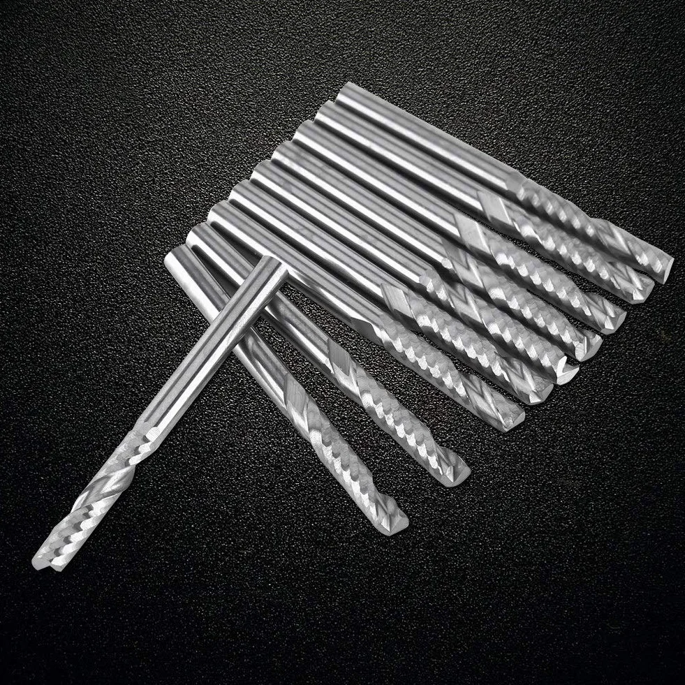 Fresas CNC de Carburo de Tungsteno 3.175mm x 15mm Flauta Única para Corte de Acrílico y Madera Pack 10 Unidades
