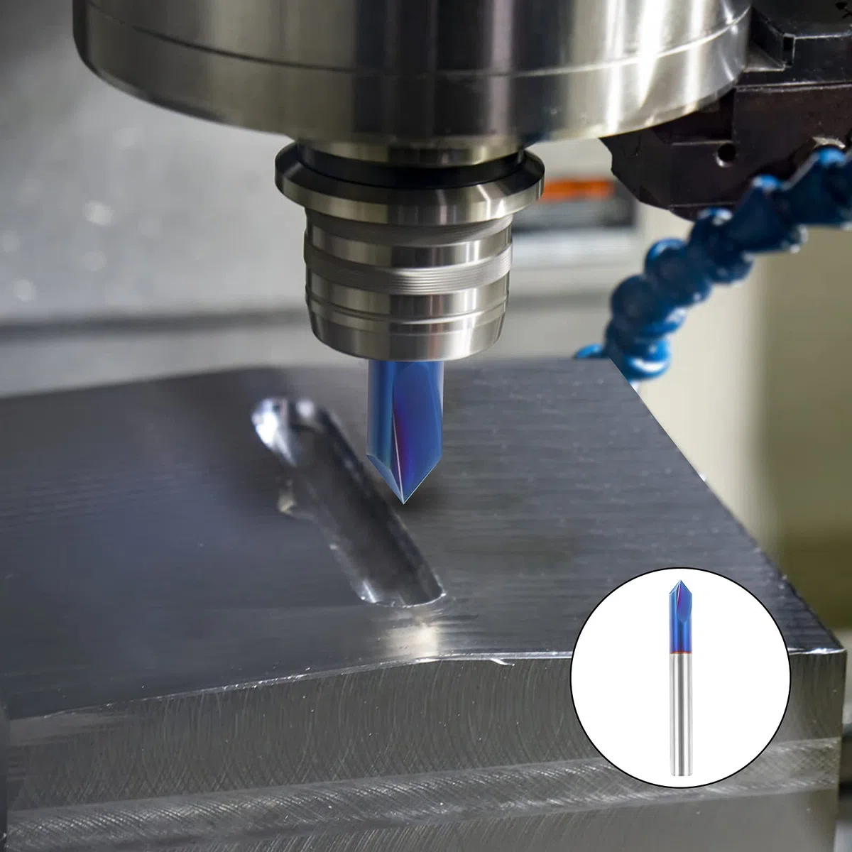 Molino de Extremo de Chaflán 1pcs Fresa de Chaflán de Acero de Tungsteno Con Recubrimiento Azul, Broca de Ranura en V de Carburo, 90 Grados 2 Flauta Molino de Chaflán para Tallar y Biselar(6 * 50mm)