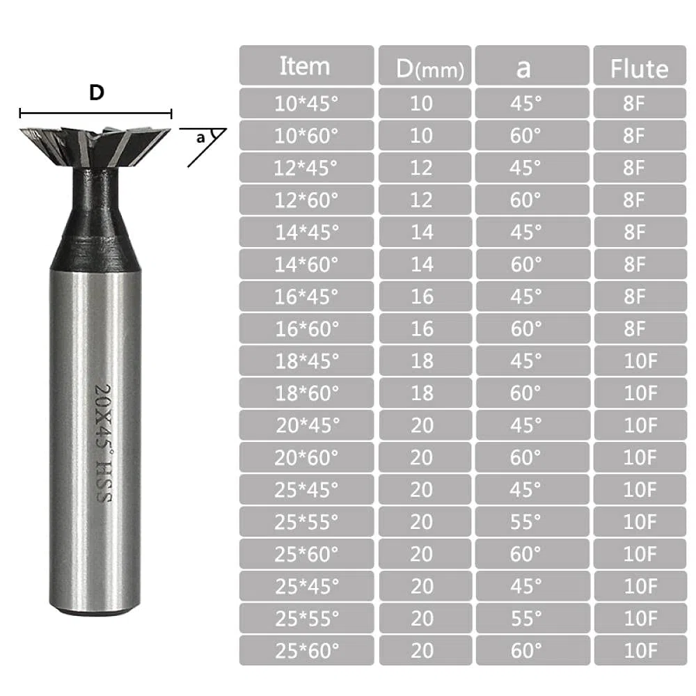 Fresa de cola de milano 45 55 60 grados HSS Fresas de extremo de acero de alta velocidad CNC Máquina de enrutador Bit cortador de metal herramienta de ranurado-12x45 grados