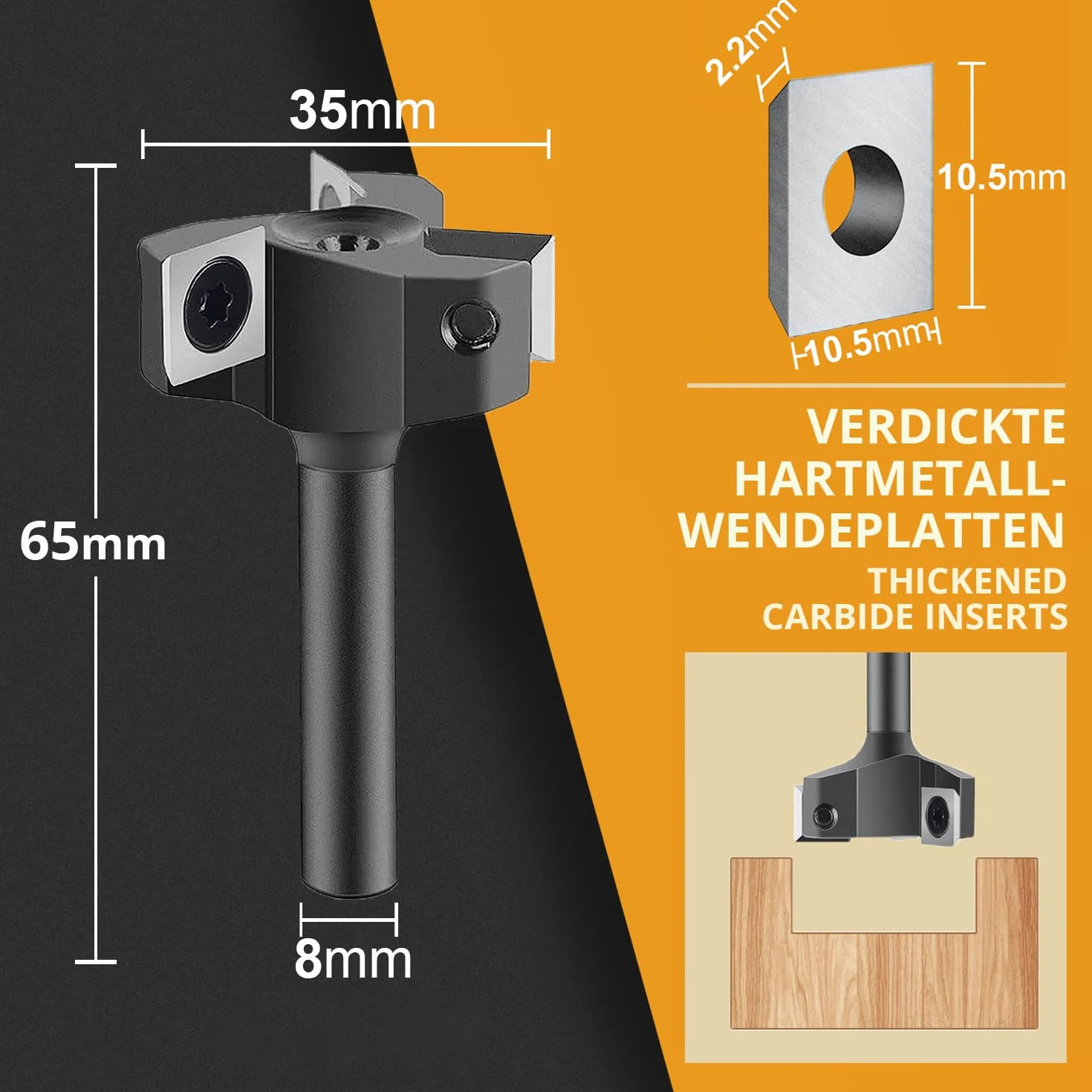 SpeTool Fresa planadora de 8 mm, vástago de 35 mm de diámetro, fresa de superficie precisa con 3 cuchillas de metal duro intercambiables (10,5 mm x 10,5 mm x 2,2 mm), 3 flautas, CNC VHM, fresa