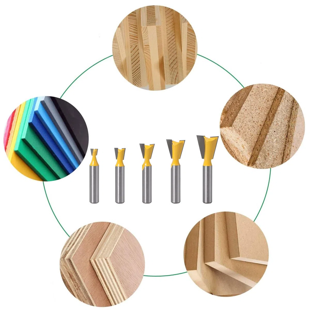 5 Piezas Fresas Cola de Milano para Madera, Brocas Madera con Vástago de 8 mm 1/4" 1/2" 3/8" 5/8" 3/4"Vástago Cola de Milano Fresa set para Carpintería