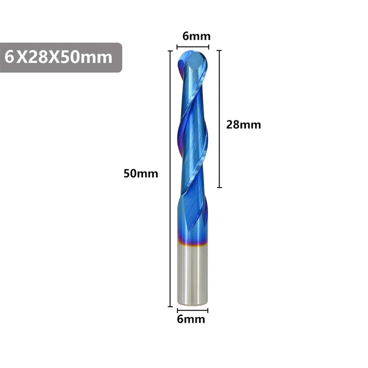 Lcuihongoing-Shank Molino de Extremo de la Nariz de la Bola 4 / 6mm Shank 2 Flute CNC Router bit Nano Blue Blue Carbide Cutter Fresing, Suave Afilado (Cutting Edge Length : 6x28x50)