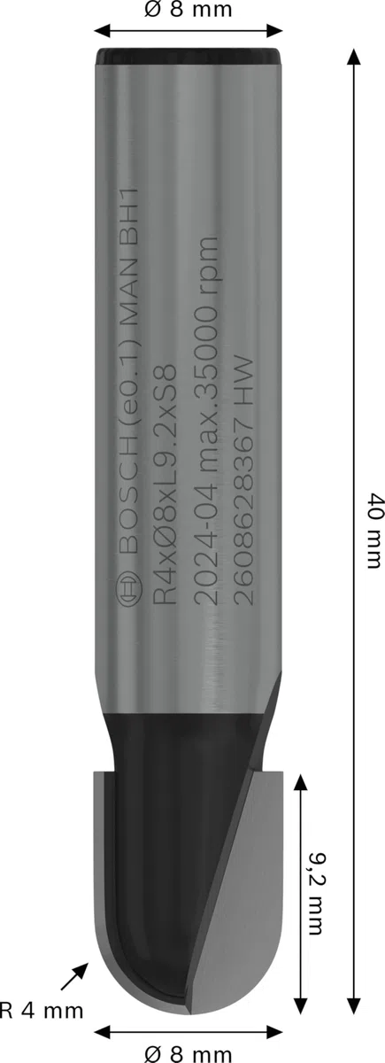 Bosch Professional 2 608 628 367 - Fresas para medias cañas - 8 mm, R1 4 mm, D 8 mm, L 9,2 mm, G 40 mm (pack de 1)