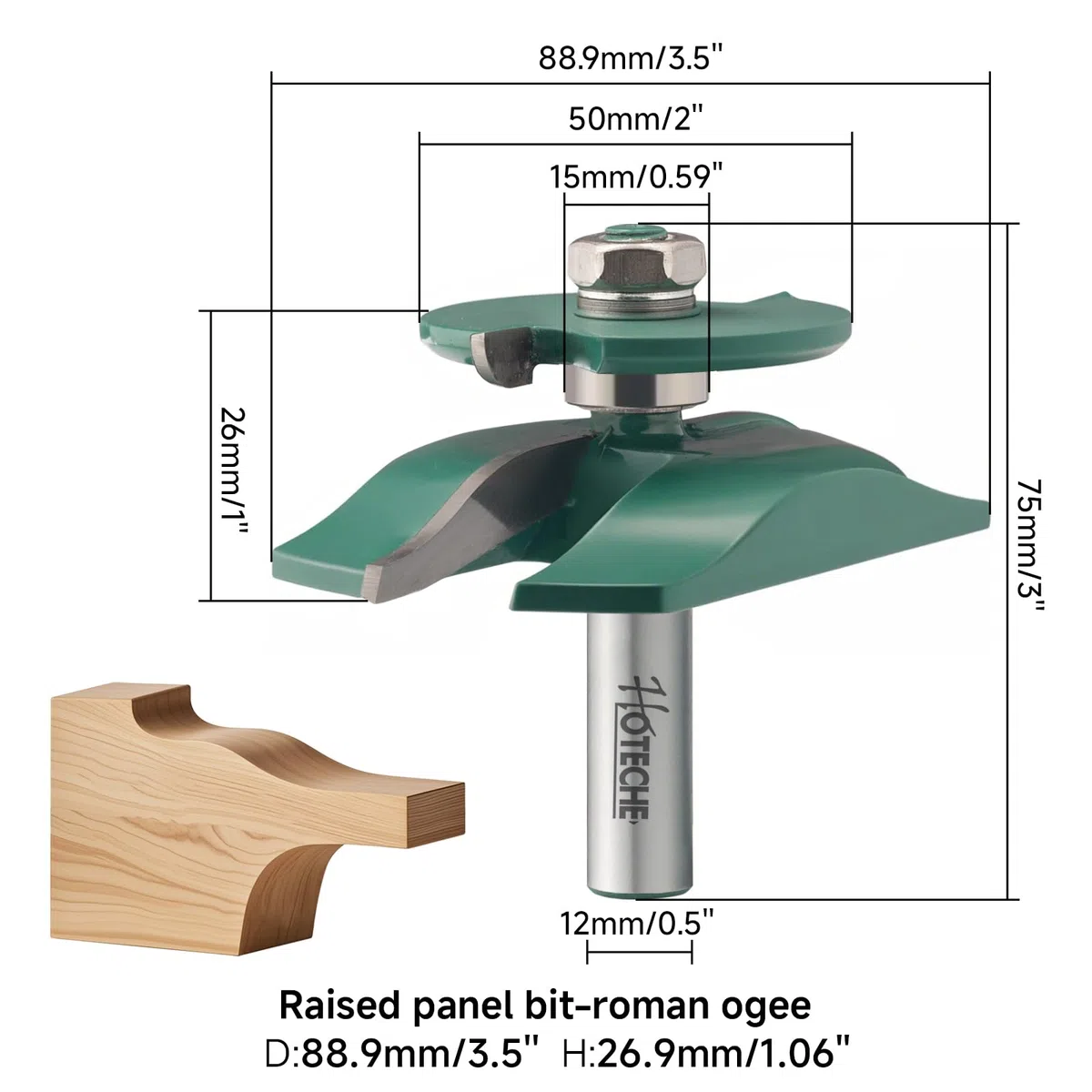 Hoteche Juego de cuchillos de gabinete de 3 piezas, 41,3 mm, medio cerebro, fresa de 88,9 mm, puerta de madera, mango de 12 mm, hoja verde, incluye llave Allen - Accesorios de fresado superior.