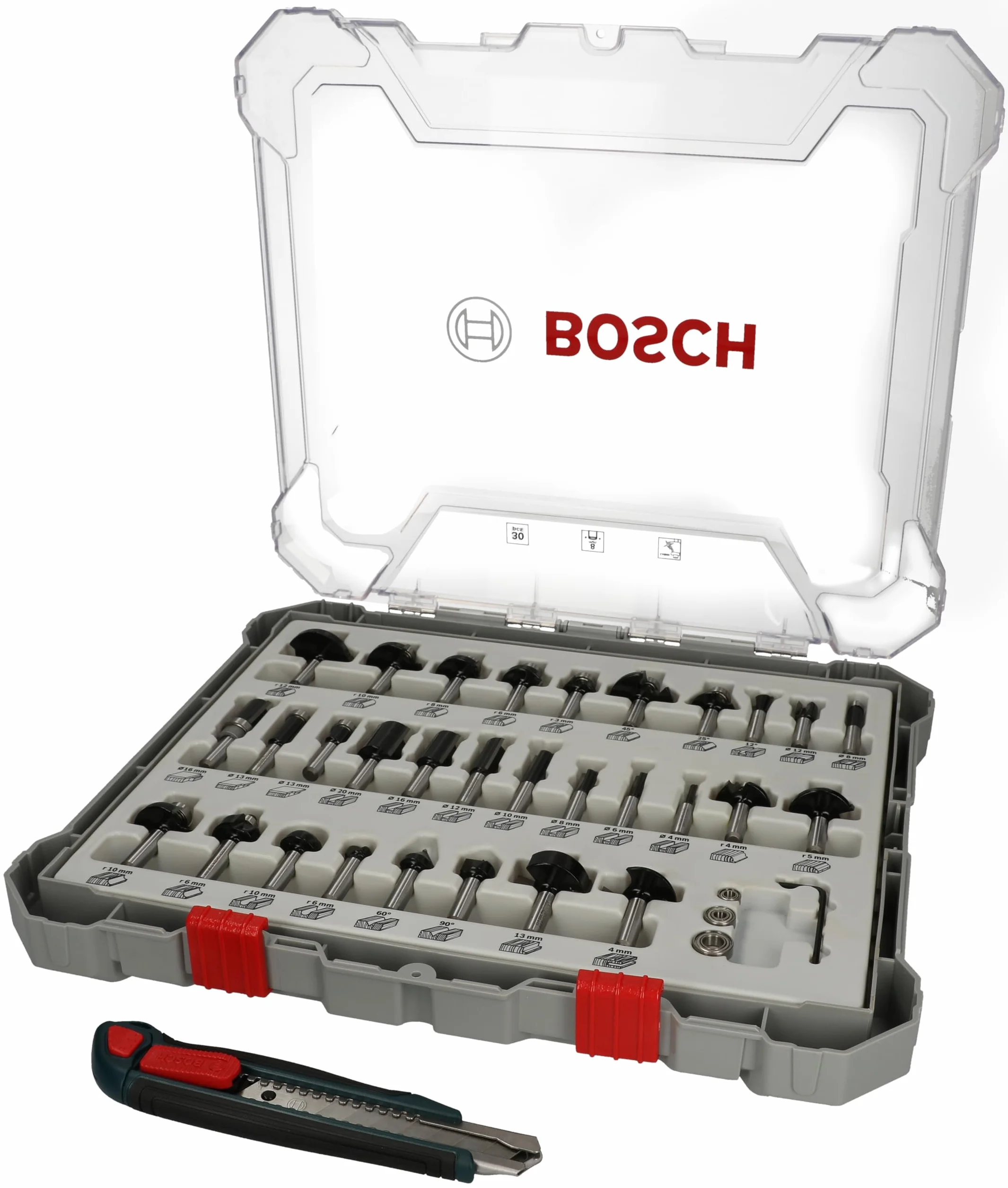 Bosch Juego de 30 fresas con cúter (para madera, mango de 8 mm de diámetro, fresadora profesional)
