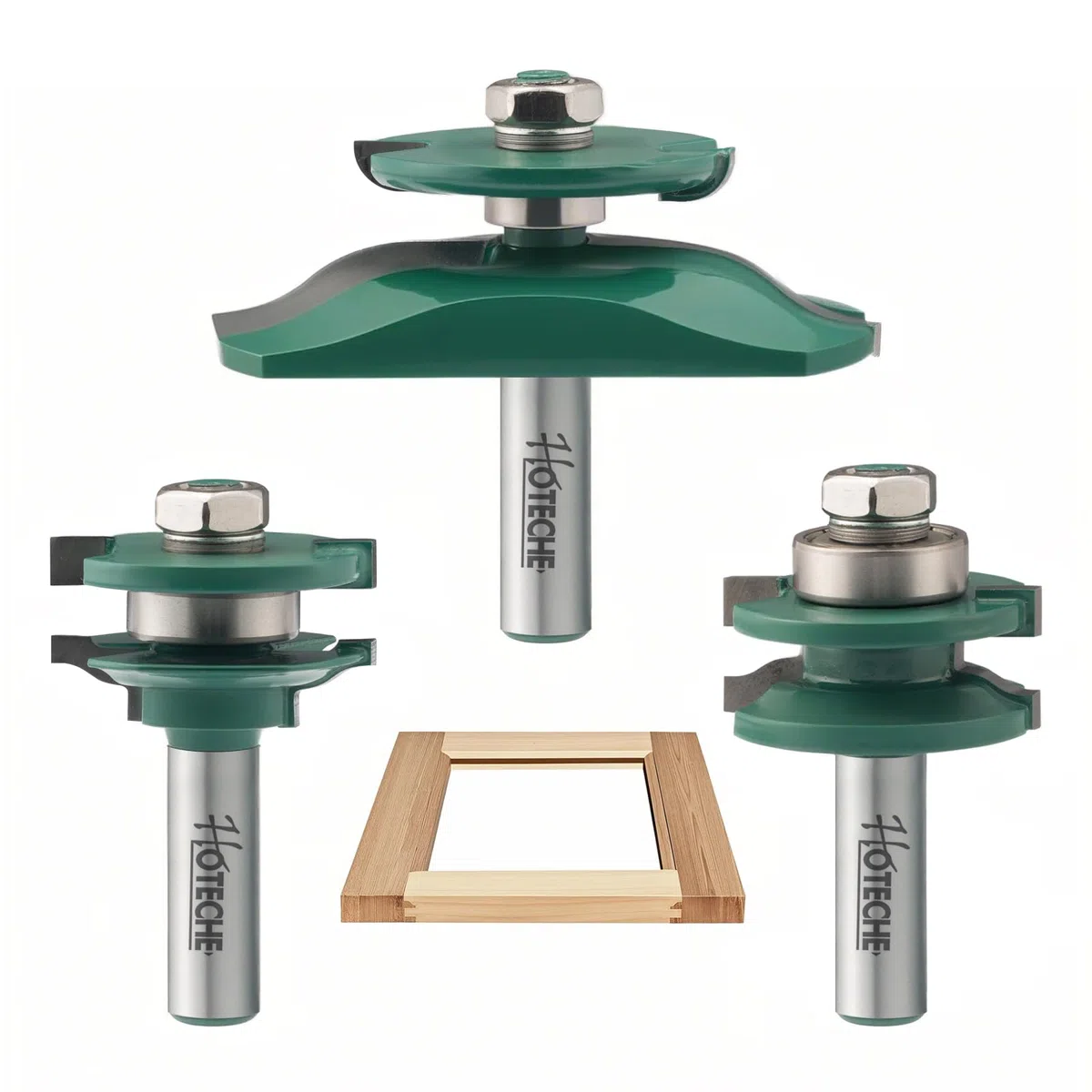 Hoteche Juego de cuchillos de gabinete de 3 piezas, 41,3 mm, medio cerebro, fresa de 88,9 mm, puerta de madera, mango de 12 mm, hoja verde, incluye llave Allen - Accesorios de fresado superior.