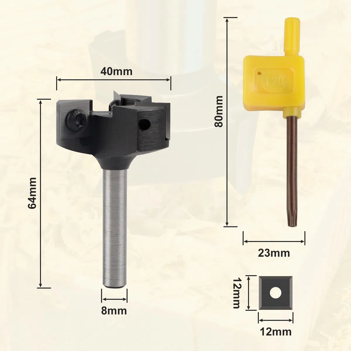 CPROSP Fresa Planadora de 8 mm para Madera Con 39 mm de Diámetro de Corte, 3 Cuchillas para Fresadora, Spoilboard para Alisado y Nivelación Profesional