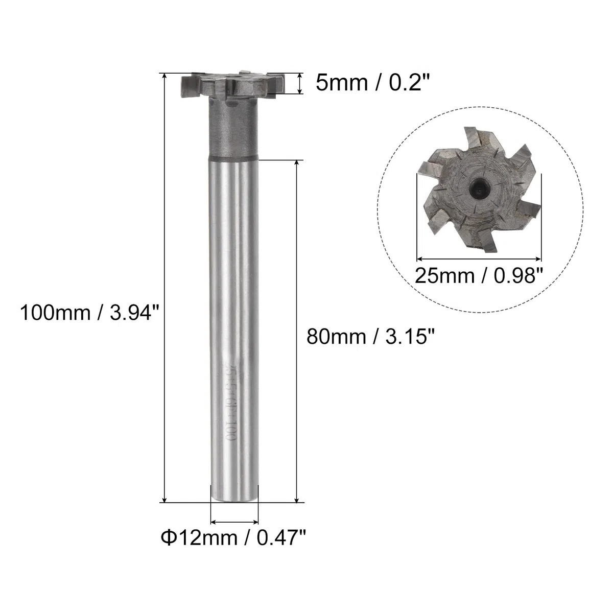 sourcing map Fresas de ranura en T, 5 mm de profundidad, 25 mm de diámetro, 12 mm, punta de carburo de tungsteno, 6 flautas, fresa de extremo de ranura en T para acero inoxidable, cobre y aluminio