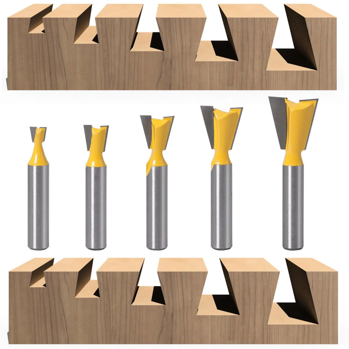5 Piezas Fresas Cola de Milano para Madera, Brocas Madera con Vástago de 8 mm 1/4" 1/2" 3/8" 5/8" 3/4"Vástago Cola de Milano Fresa set para Carpintería