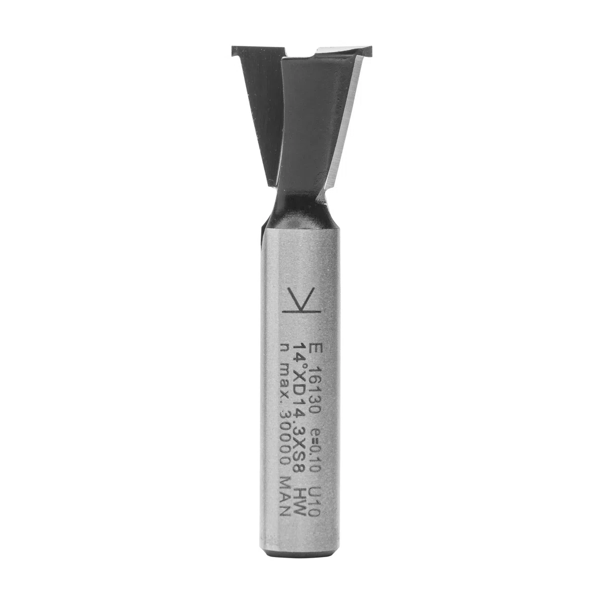 ENT 16130 Fresa para cola de milano, en carburo, vástago (S) de 8 mm, longitud útil (NL) de 13,5 mm, diámetro 1 (D1) de 14,3 mm, diámetro 2 (D2) de 12,7 mm, ángulo (E) de 14°, longitud total (SL) de 32 mm, con precortador