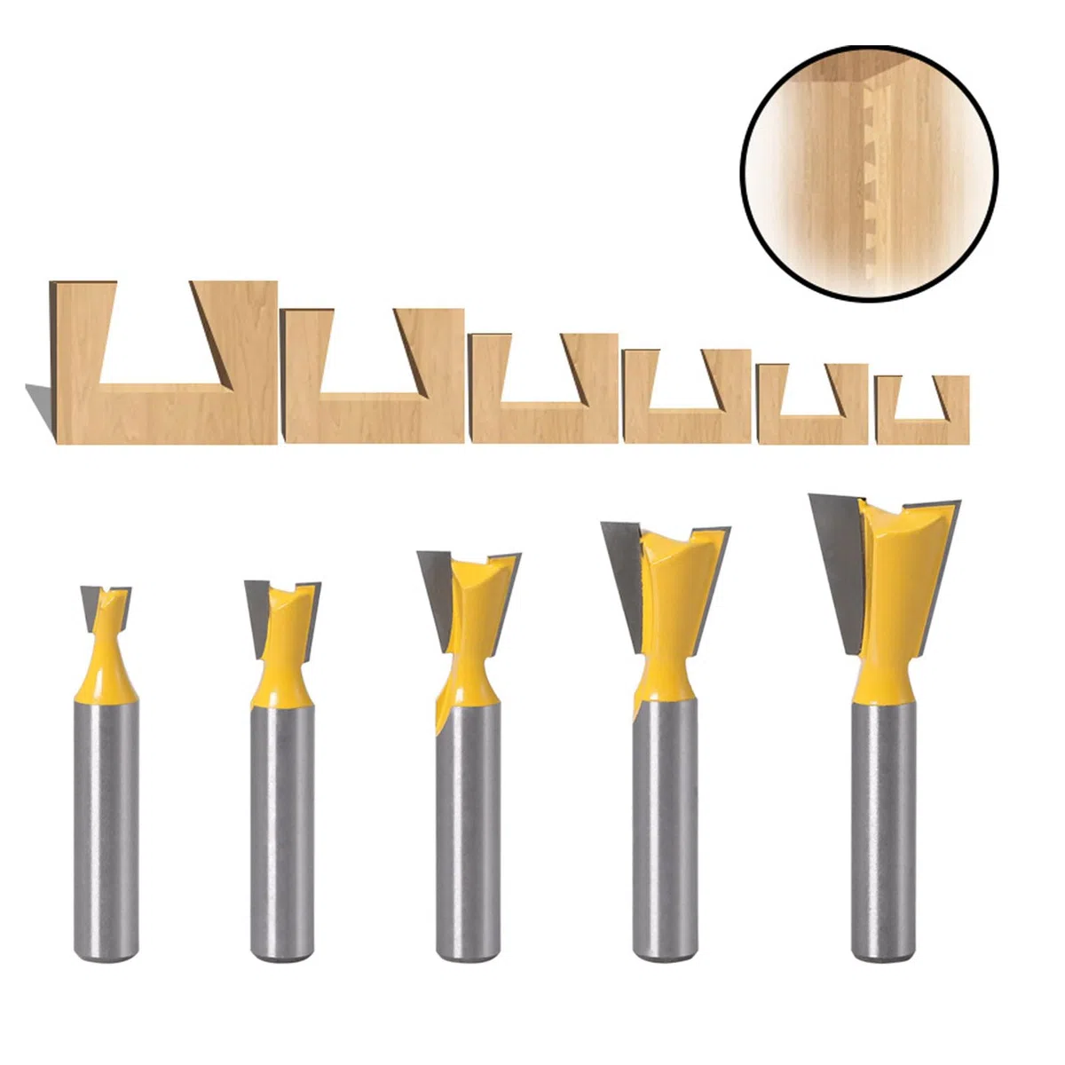5 Piezas Fresas Cola de Milano para Madera, Brocas Madera con Vástago de 8 mm 1/4" 1/2" 3/8" 5/8" 3/4"Vástago Cola de Milano Fresa set para Carpintería