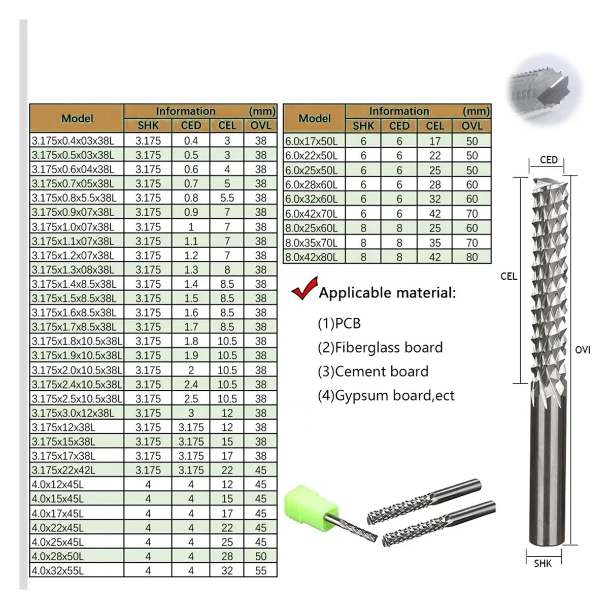 Fresa PCB, 1 Uds., vástago de 3.175/4/6/8mm, brocas de rebajadora de CNC, carburo de tungsteno, herramientas de fresado de extremo de maíz for placa de circuito(6x32x60L)