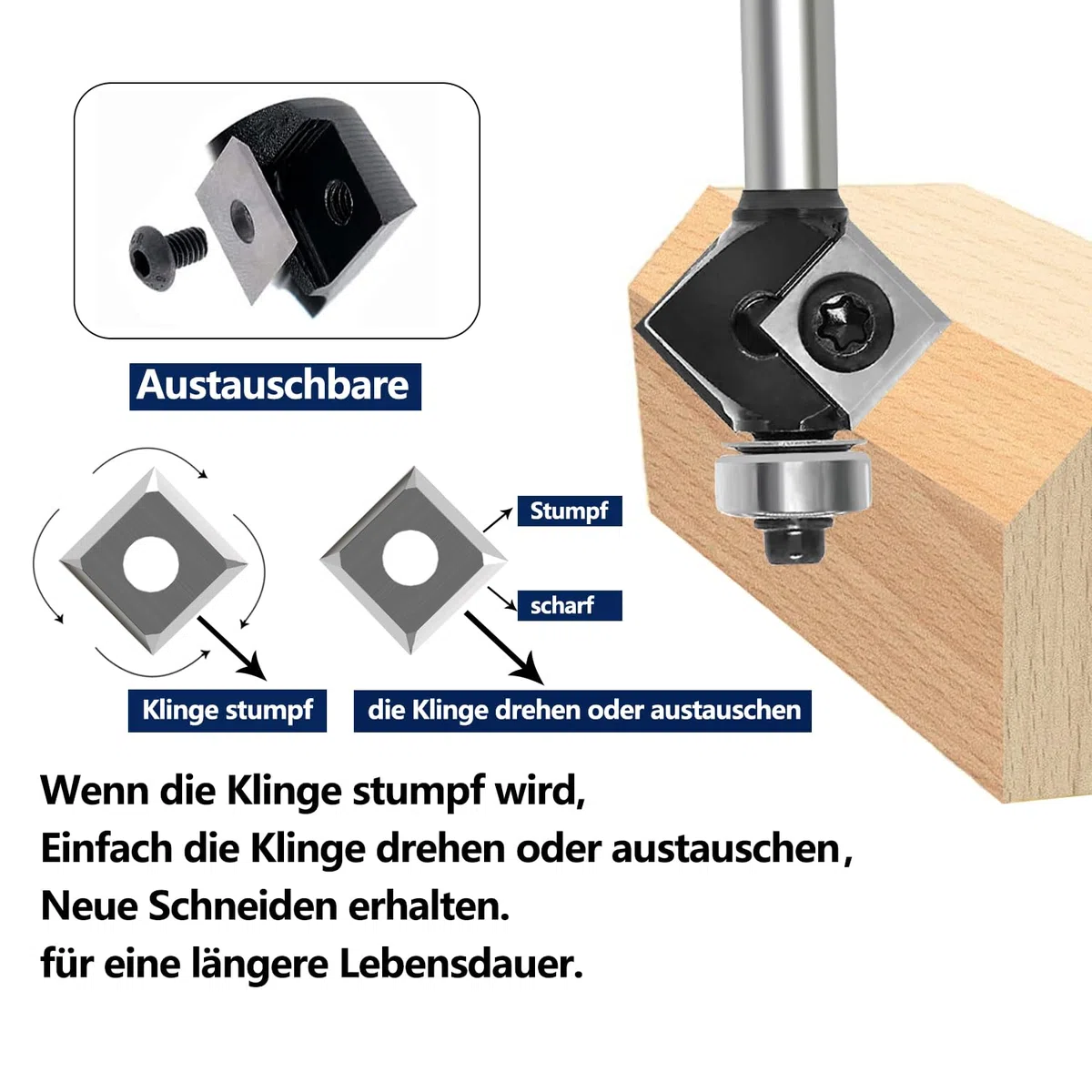 Fresa de biselado de 8 mm, hoja de metal duro intercambiable de 4 lados, fresadora de biselado para fresadora superior con rodamientos, fresa de madera de 45 grados para mecanizado de cantos