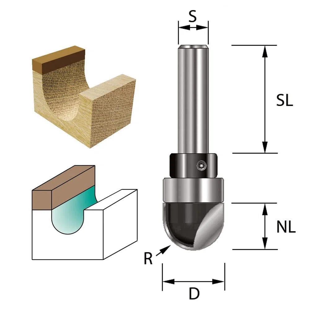 ENT 12512 Fresa para molduras cóncavas, en carburo, vástago (S) de 8 mm, radio (R) de 12 mm, D 24 mm, NL 18 mm, SL 32 mm, con rodamiento de bolas, trabajos en madera, fresadora