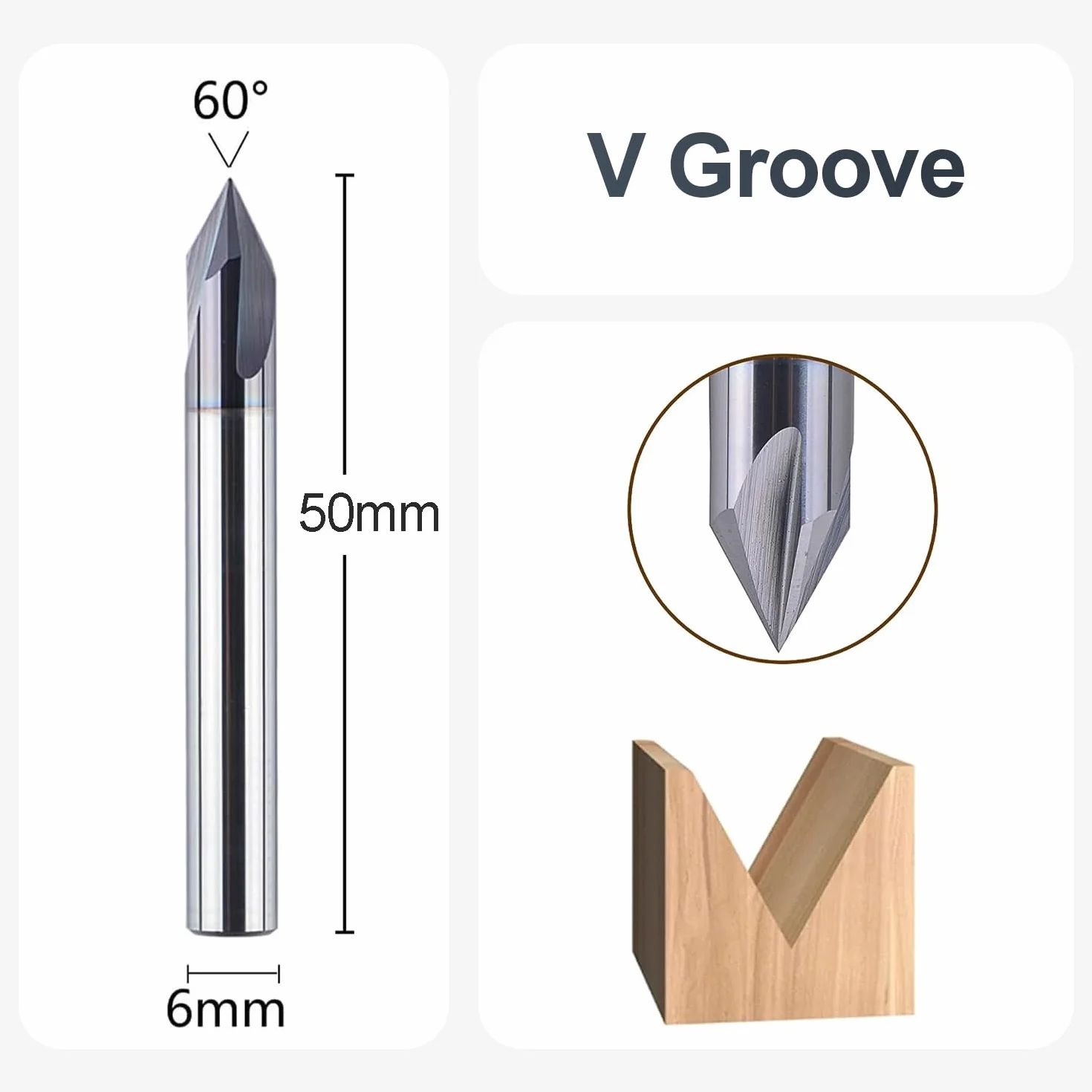 SpeTool Fresa Chaflan Fresa para Madera 6mm Fresa Grabado Fresa de Ranura en V Fresa 60 Grados 3 Filos Carburo Sólido de Tungsteno con TiAlN Revestimiento Fresas de V para CNC para Grabar Chaflanes