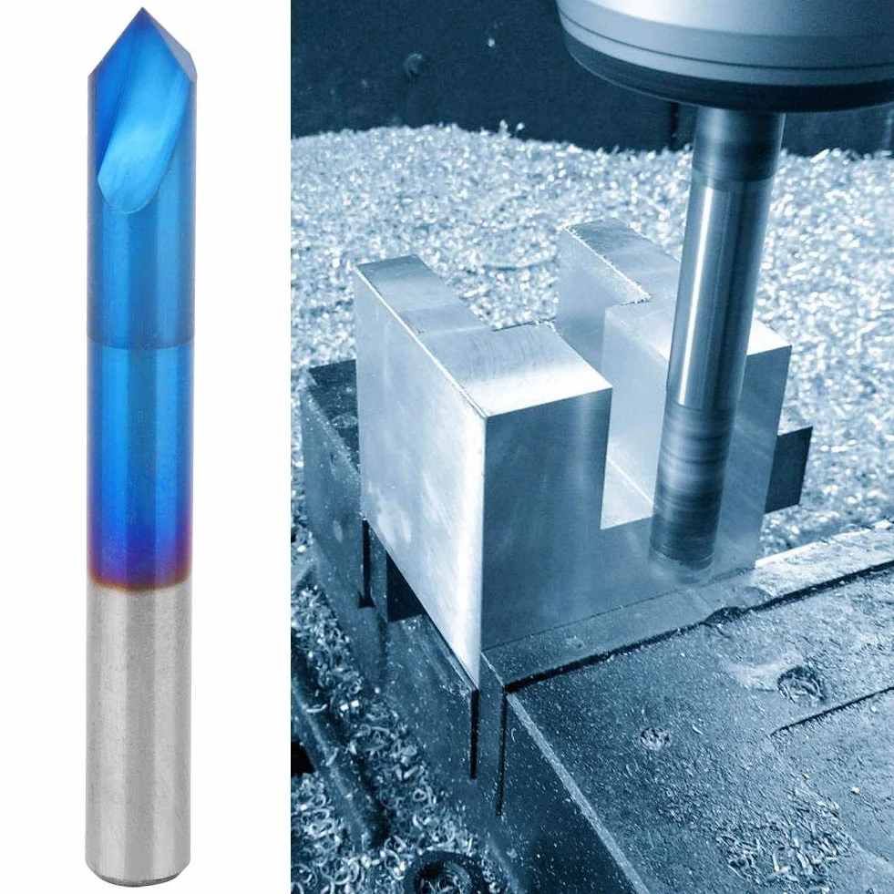 Fresa de extremo Fresa de chaflán de 90 grados, cortador de 2 flautas de biselado de carburo Revestimiento azul Chaflán Herramienta de mano de fresa de fresado(6 * 50mm)