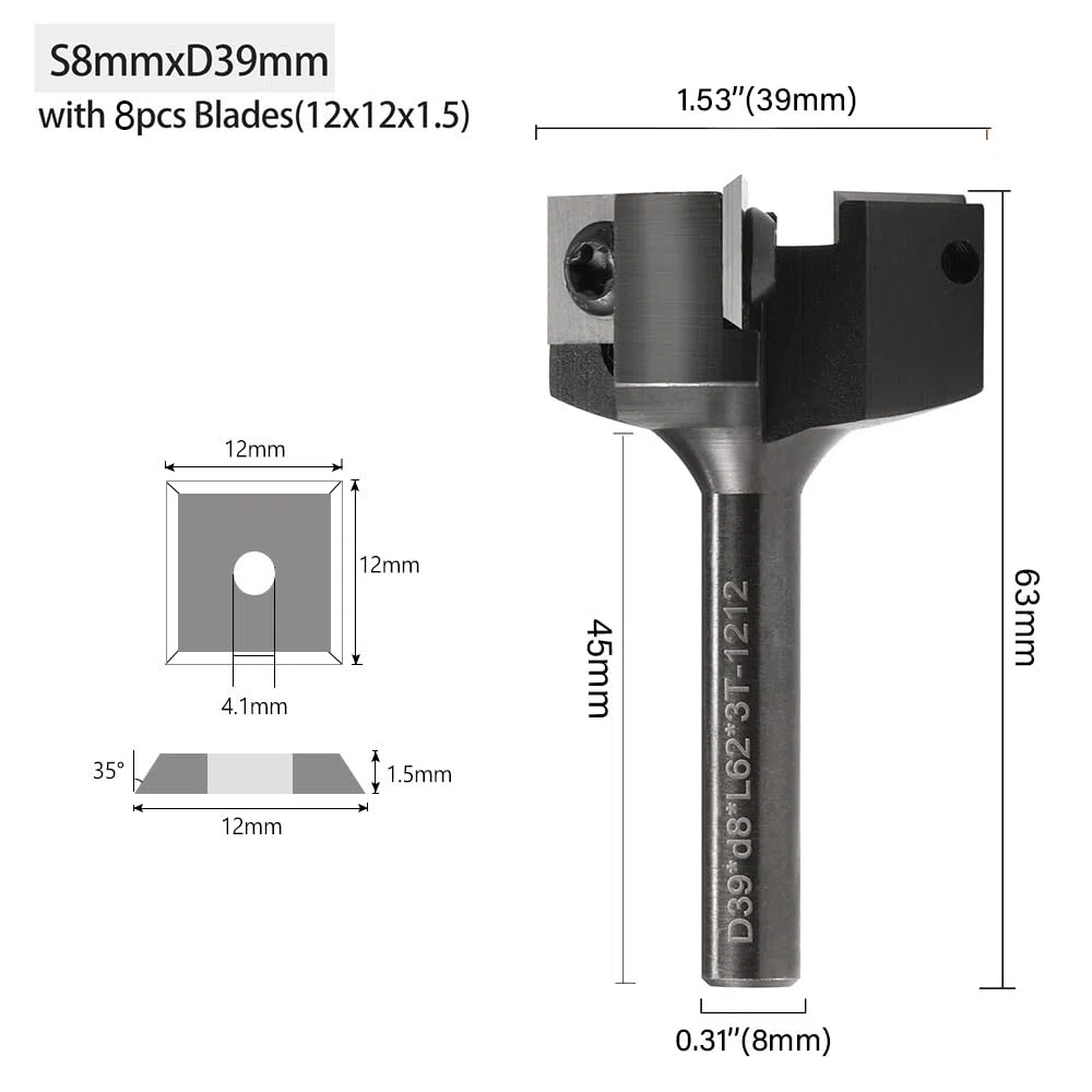 Fresa de Superficie, Fresa Planadora de 8 mm para Madera Diámetro de Corte 39mm, con 8 Cuchillas, Fresa de Spoilboard para Fresadora CNC Alisado y Nivelación Profesional