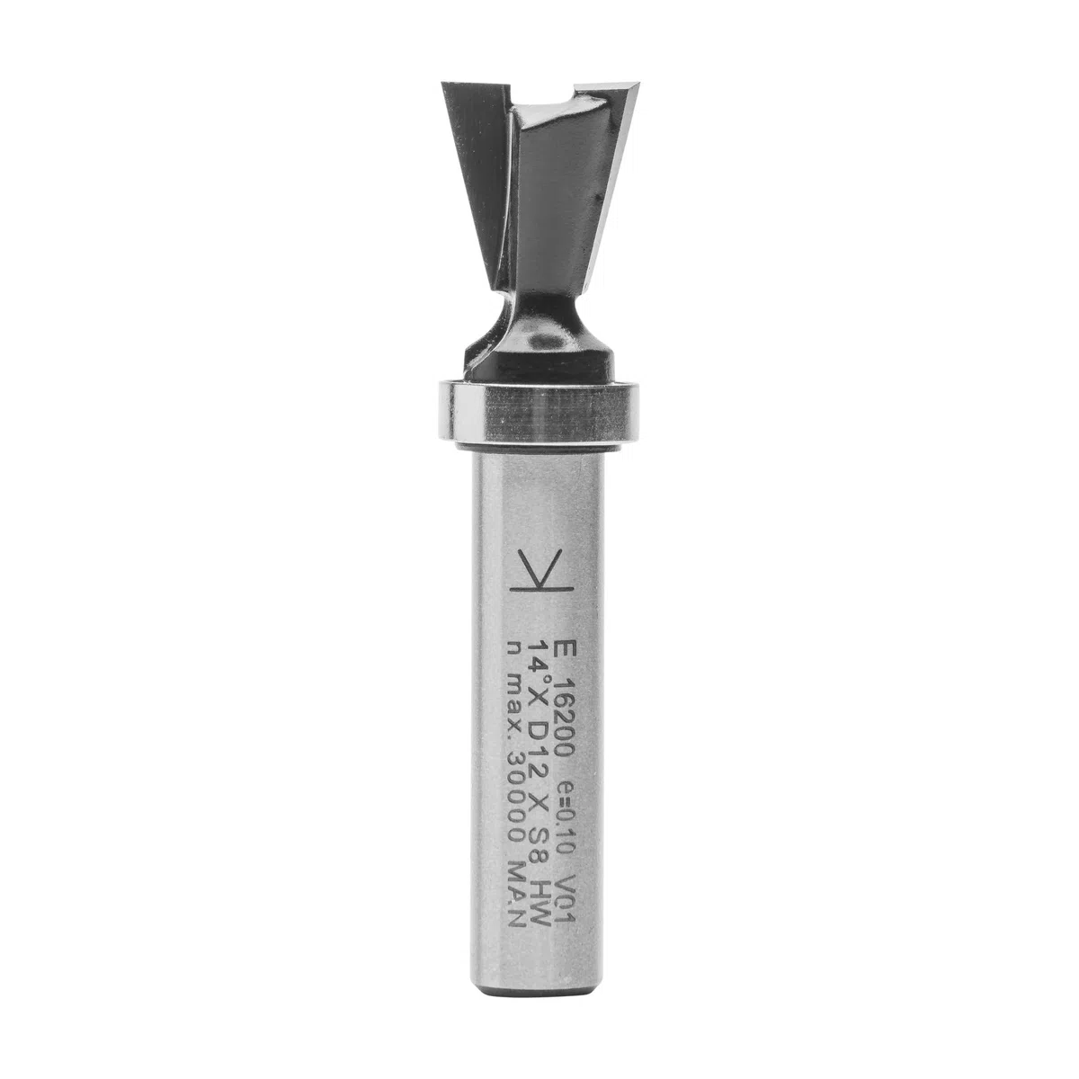 ENT 16200 Fresa para cola de milano, en carburo, vástago (S) de 8 mm, diámetro (D) de 12 mm, longitud útil (NL) de 12 mm, ángulo (E) de 14°, longitud total (SL) de 32 mm, con rodamiento de bolas