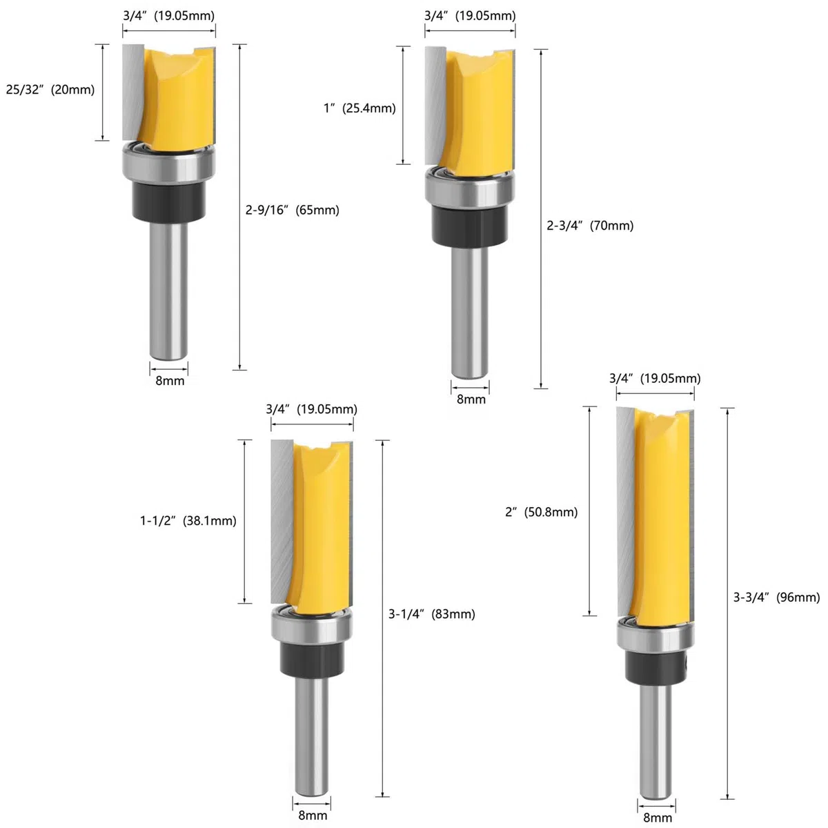 Fresa de enrasado de 4 piezas con vástago de 8 mm, fresa para copiadora y fresadora, rodamiento de bolas, fresa de ranura de 8 mm