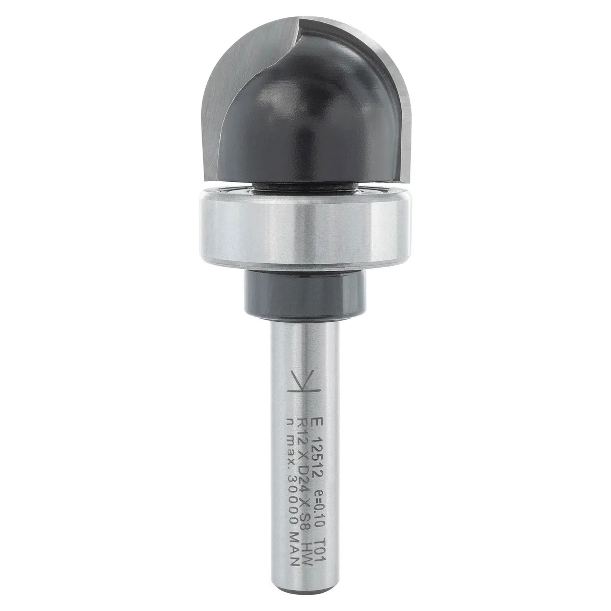 ENT 12512 Fresa para molduras cóncavas, en carburo, vástago (S) de 8 mm, radio (R) de 12 mm, D 24 mm, NL 18 mm, SL 32 mm, con rodamiento de bolas, trabajos en madera, fresadora