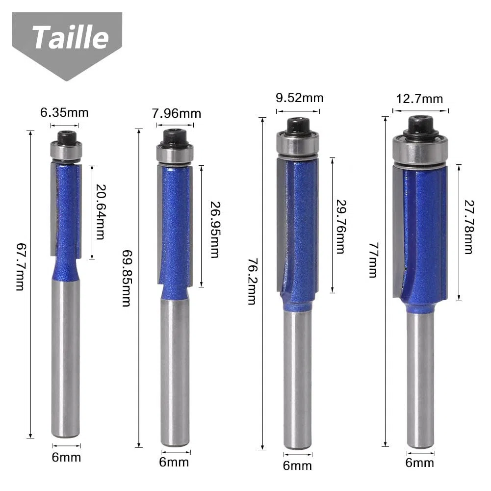 4 fresas para copiar con cola de 6 mm, fresas para rascar madera, fresa, fresa, carburo de tungsteno, fresa, recta, de copiado con rodamiento superior para trabajar la madera