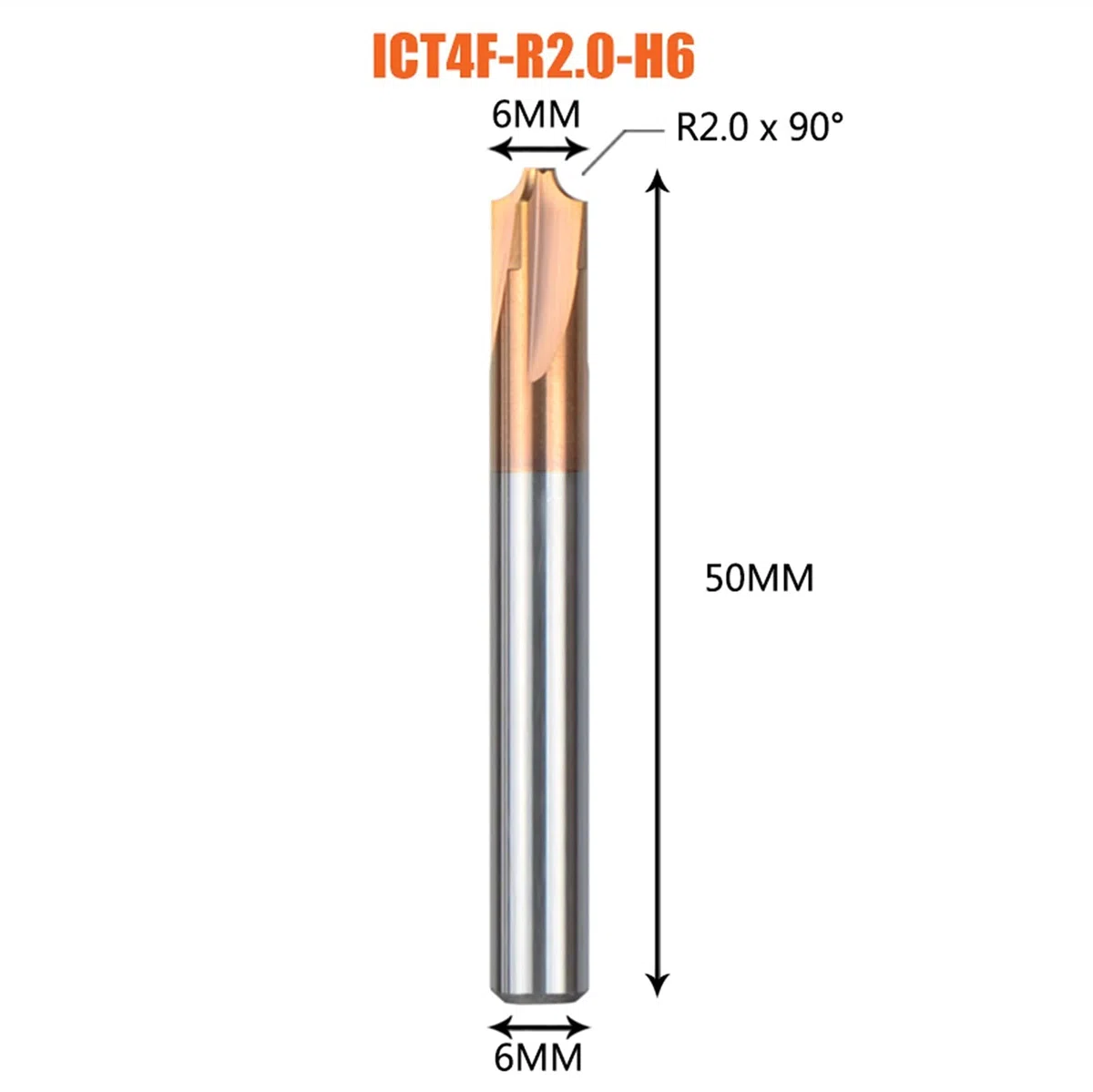 Herramienta de chaflán de carburo macizo Cortador de fresado 4 Flauta R0.5 -R5.0 Chaflán enrutador Bit Corner Rounding herramientas de desbarbado Fresas de mango JIYAMI'EN EL (Size : ICT4F R2.0 H6)