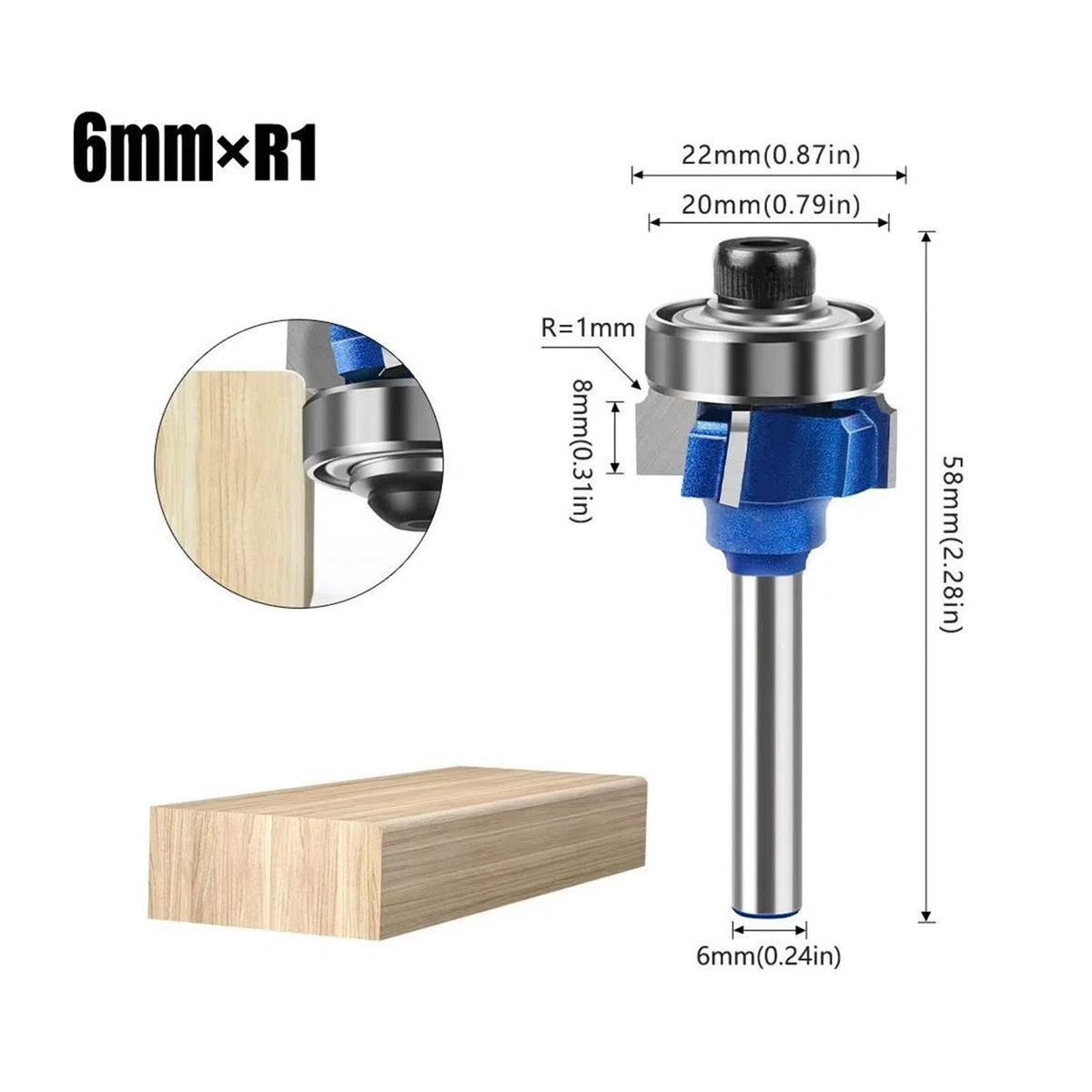 Fresa for carpintería de 6 mm y 1/4", cortadora de bordes de 4 dientes, 1 unidad/3 unidades, R1 mm, R2 mm y R3 mm(6mm X R1)