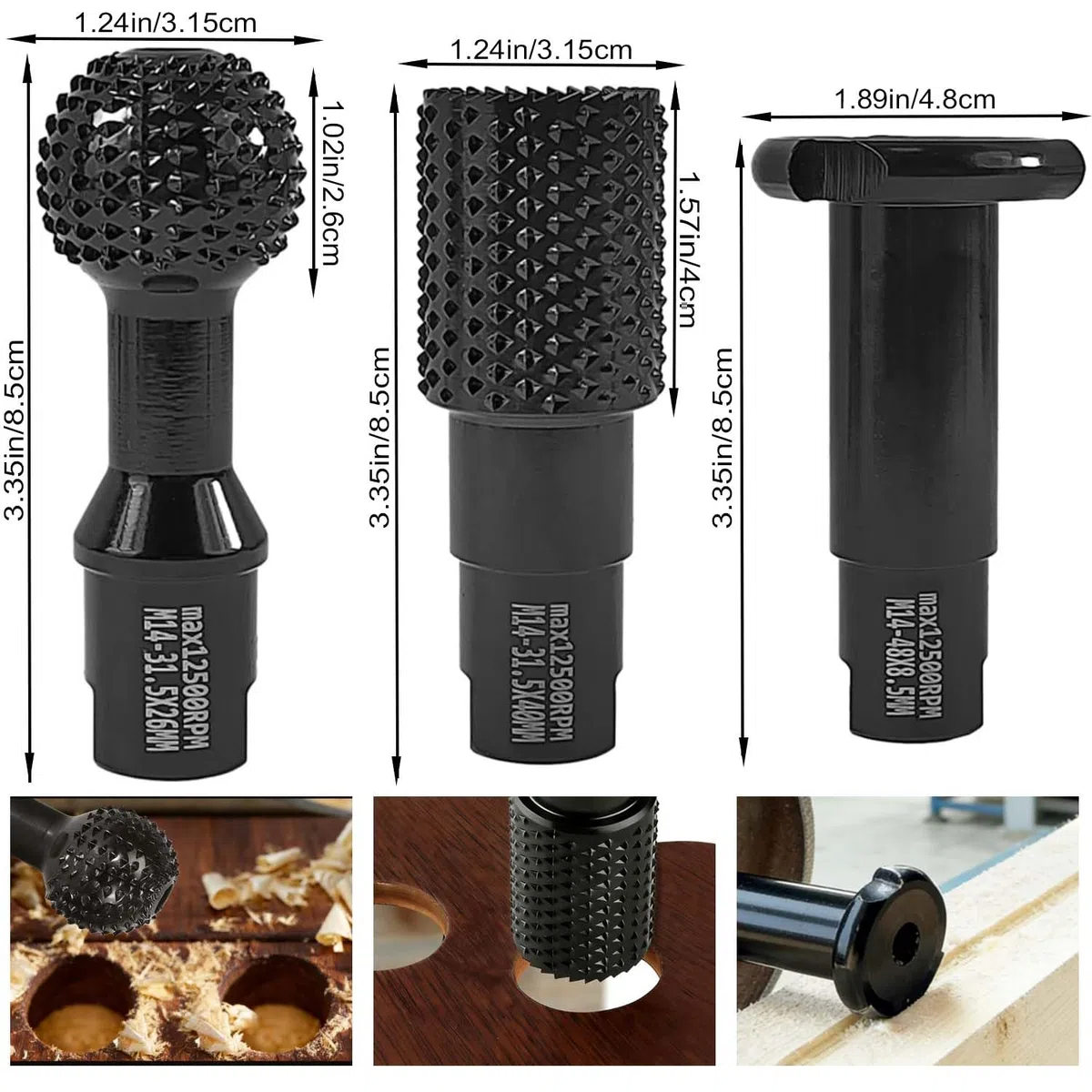 Juego de 3 fresas esféricas para tallado de madera, disco de fresado/disco de rectificado para amoladoras angulares, 115/125 mm, accesorio para amoladora angular M14