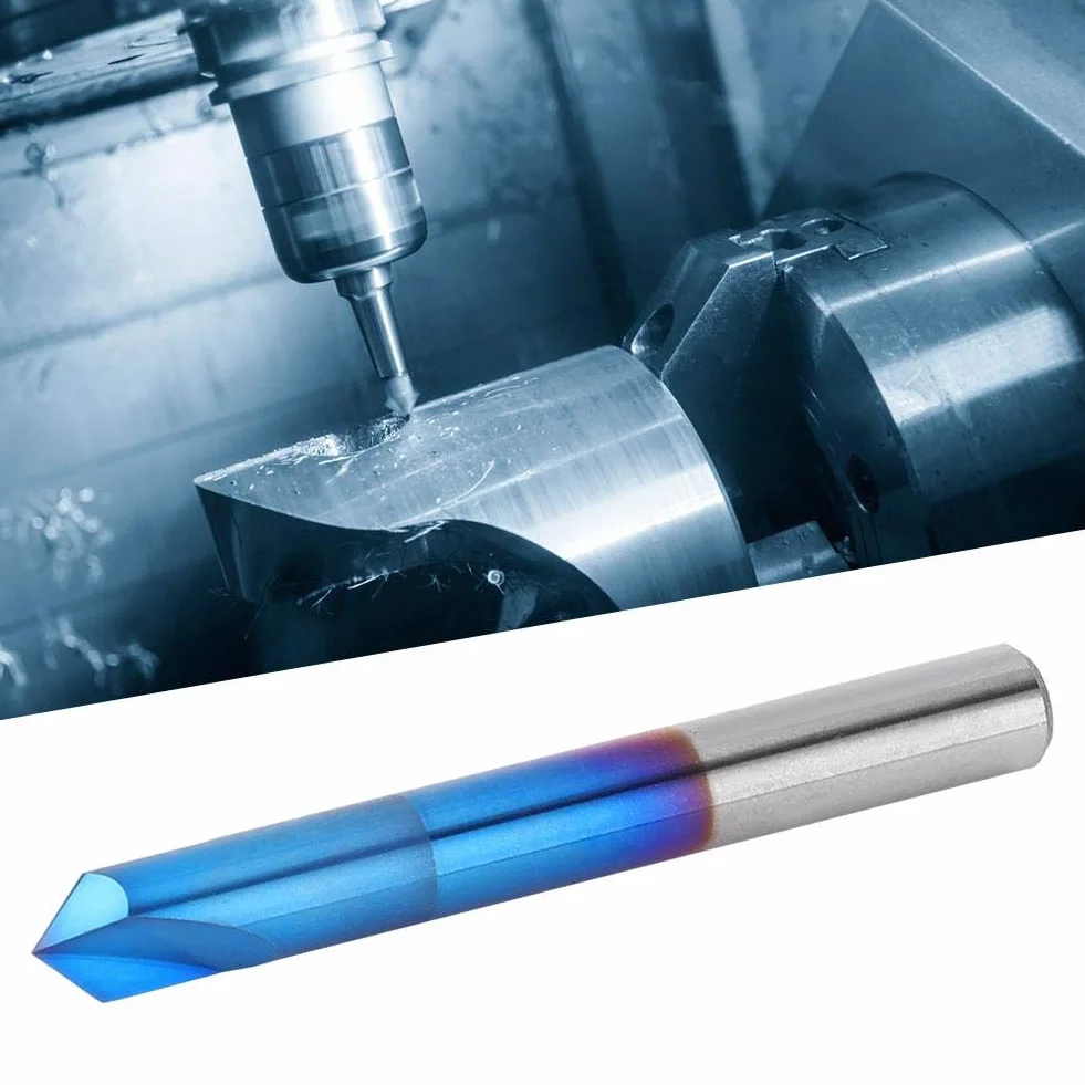 Fresa de extremo Fresa de chaflán de 90 grados, cortador de 2 flautas de biselado de carburo Revestimiento azul Chaflán Herramienta de mano de fresa de fresado(6 * 50mm)