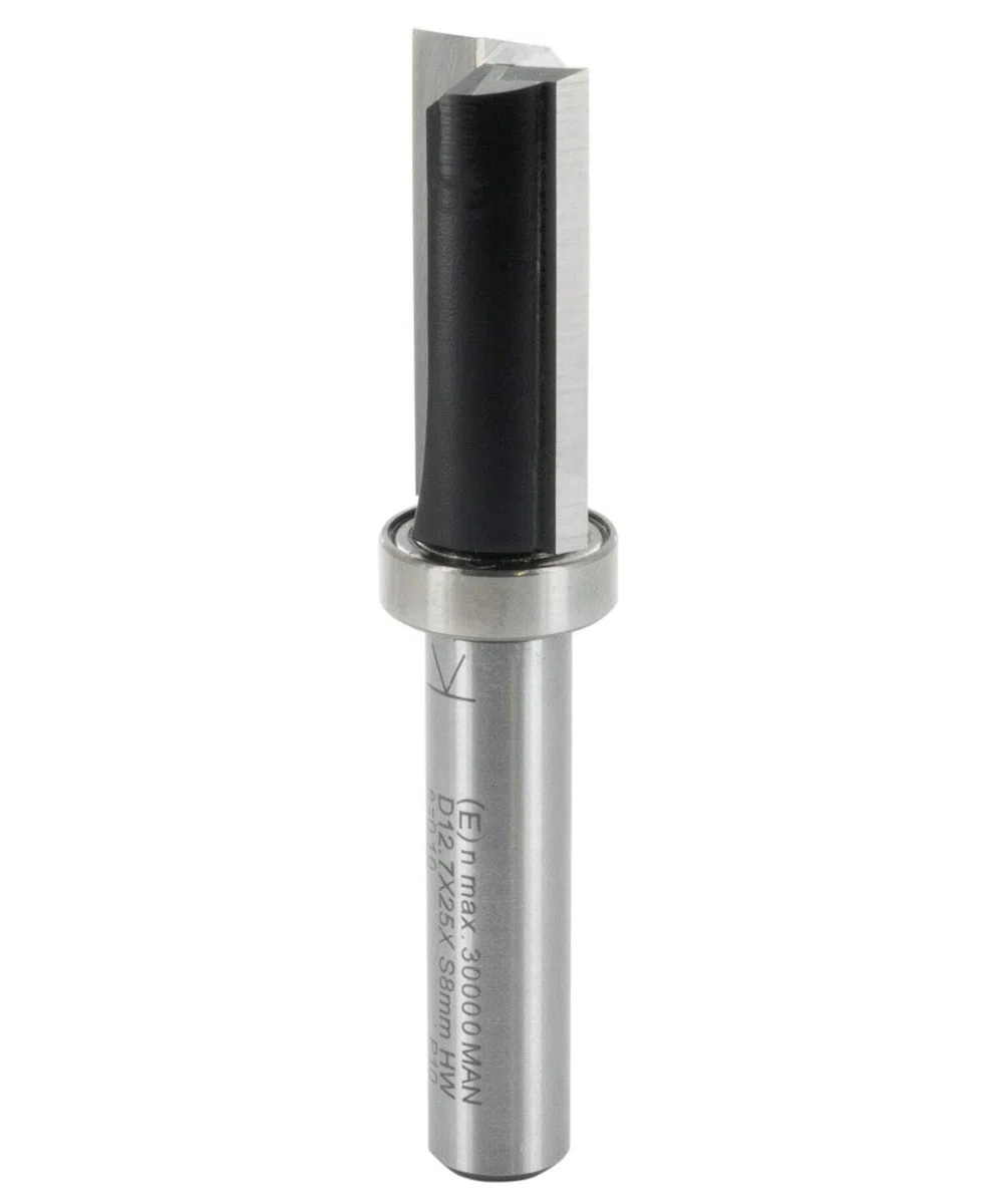 ENT 11702 Fresa para aplanar, en carburo para plantilla de cola de milano Milescraft, diámetro (D) de 12,7 mm, NL de 25 mm, S de 8 mm, SL de 32 mm, GL de 62 mm, Z2+1, con rodamiento de bolas vástago