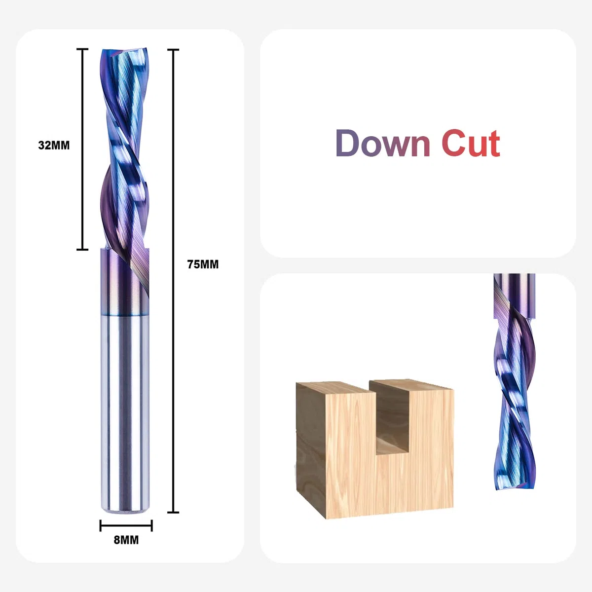 SpeTool Fresas para Madera 8 mm Fresa de Ranurar Downcut Fresa Espiral HRC55 Longitud de Corte 32mm CNC Fresa Helicoidal Carburo Herramienta Fresas de Corte con Revestimiento TAC para Cortar Madera