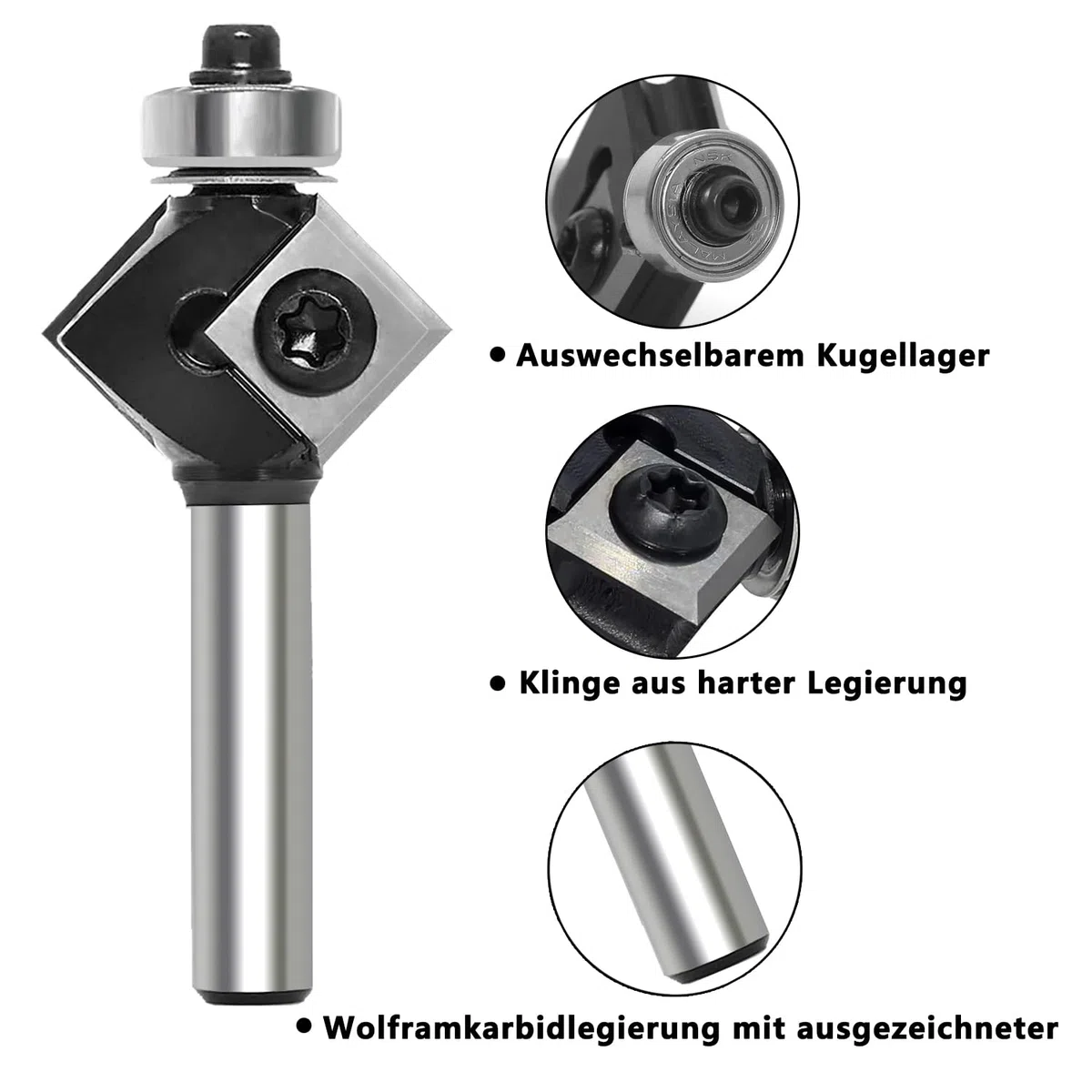 Fresa de biselado de 8 mm, hoja de metal duro intercambiable de 4 lados, fresadora de biselado para fresadora superior con rodamientos, fresa de madera de 45 grados para mecanizado de cantos