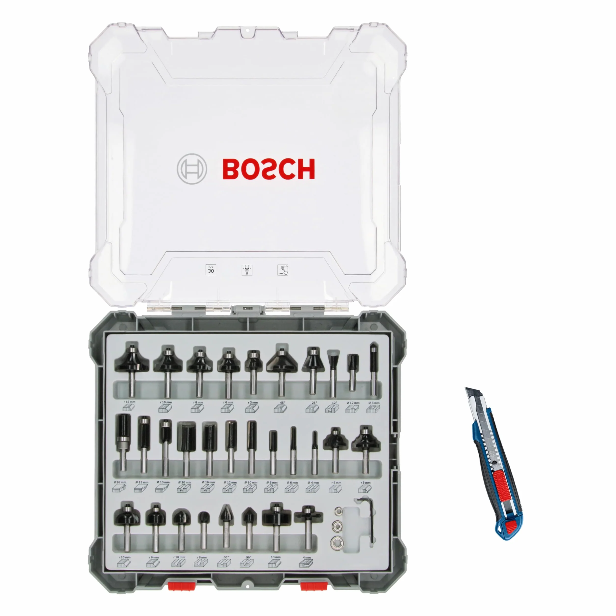 Bosch Juego de 30 fresas con cúter (para madera, mango de 8 mm de diámetro, fresadora profesional)