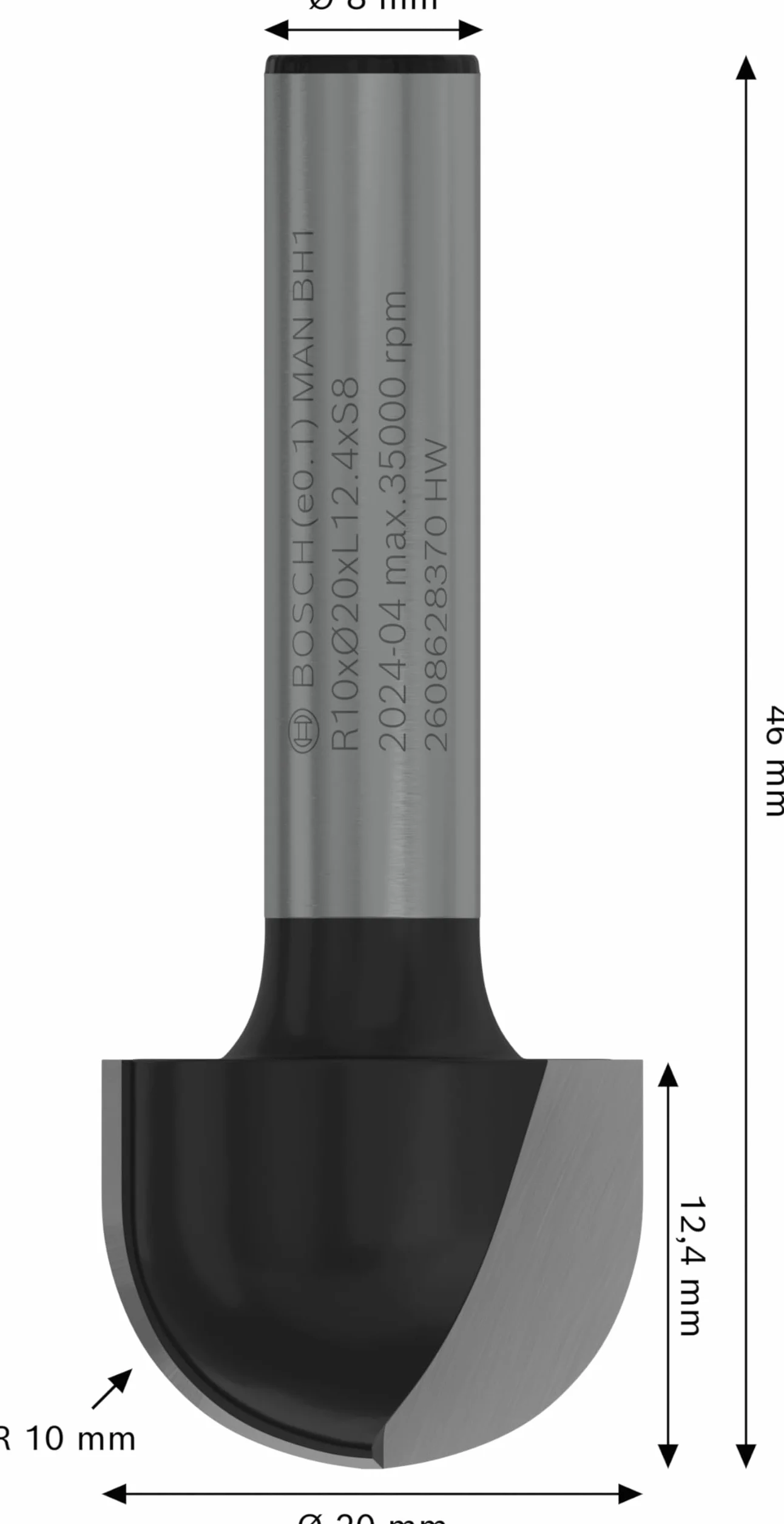Bosch Professional 2 608 628 370 - Fresas para medias cañas - 8 mm, R1 10 mm, D 20 mm, L 12,4 mm, G 46 mm (pack de 1)
