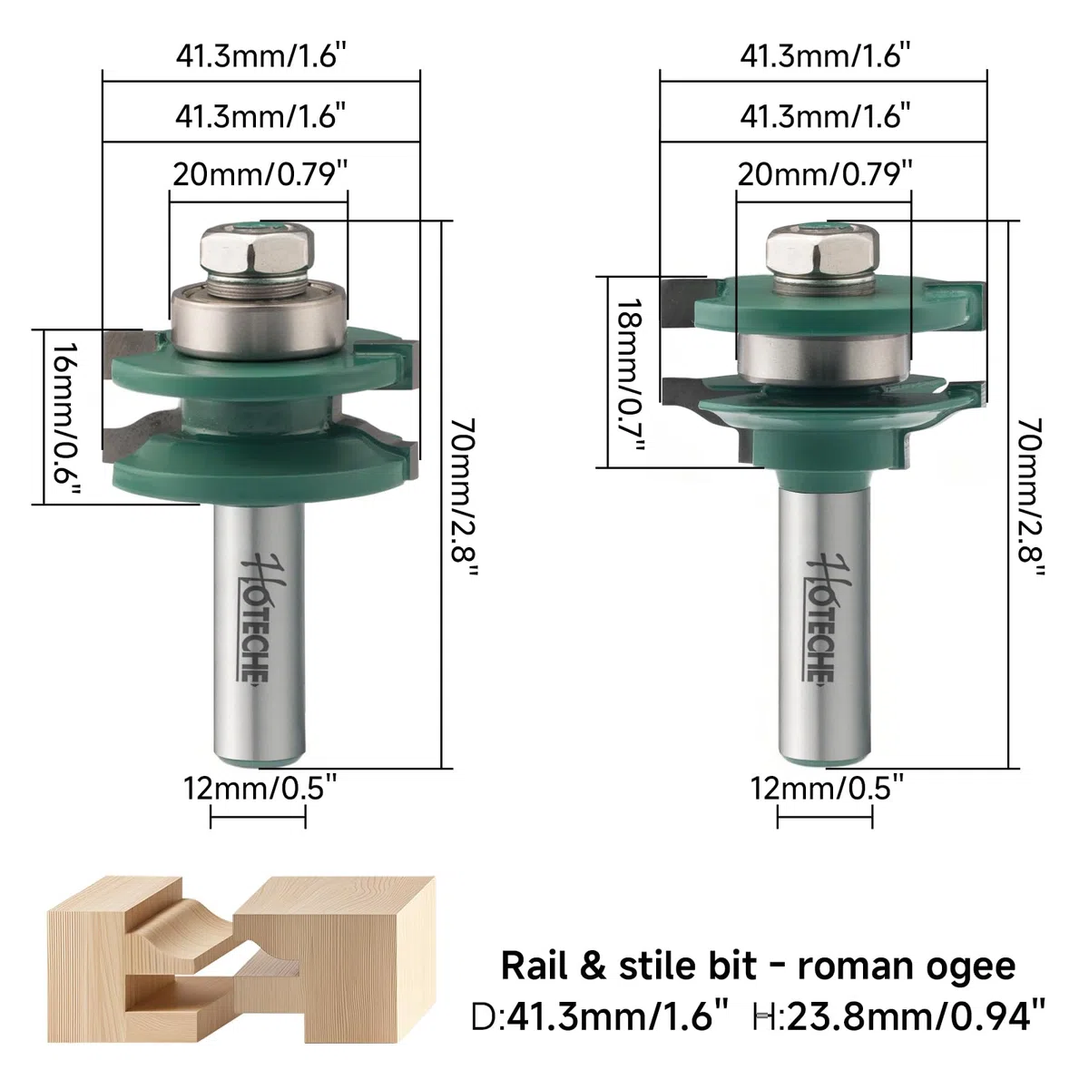 Hoteche Juego de cuchillos de gabinete de 3 piezas, 41,3 mm, medio cerebro, fresa de 88,9 mm, puerta de madera, mango de 12 mm, hoja verde, incluye llave Allen - Accesorios de fresado superior.