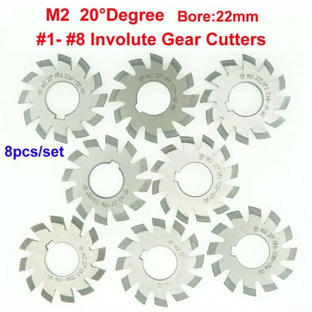 Besttoolifes Fresa de engranajes HSS, módulo 2 diámetro 22 mm 20 grados #1-8 HSS Involute Gear Fresa