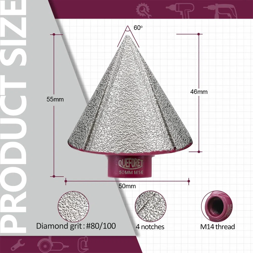 Broca de Chaflán de Diamante 50mm x M14 - Fresa para Biselar Amolar Recortar Agujeros en Cerámica Porcelánico Azulejos Mármol Granito