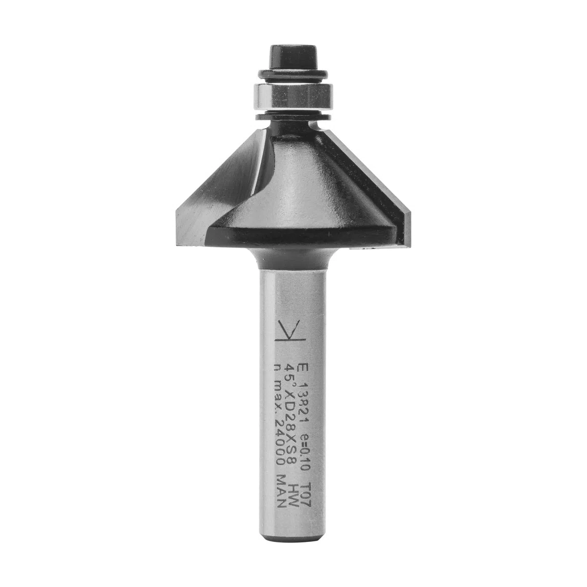 ENT 13821 Fresa de chaflán, en carburo, vástago (S) 8 mm, diámetro (D) 28,6 mm, NL 9 mm, E 45°, SL 32 mm, con rodamiento