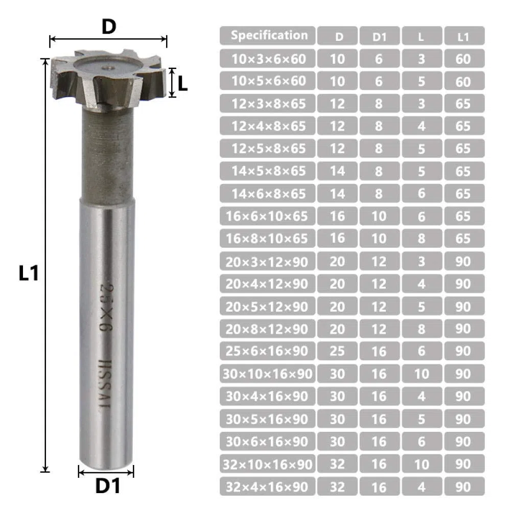 Fresa de ranura en T 10 12 14 16 20 25 30 32mm Broca de enrutador de acero de alta velocidad para herramienta de fresado de metal de dureza-32x10x16x90