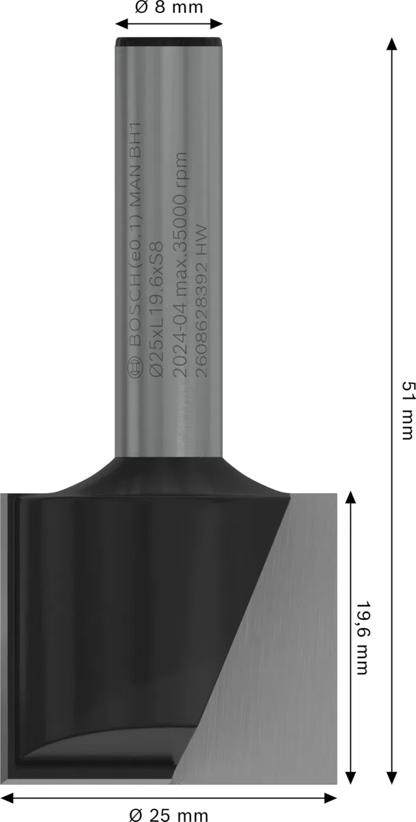 Bosch 2 608 628 392 - Fresas de ranurar - 8 mm, D1 25 mm, L 20 mm, G 51 mm (pack de 1)