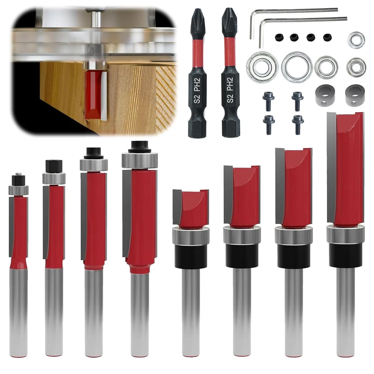 27 piezas de juego de fresas de enrasado de 8 mm con mango, con bits de martillo magnético, rodamientos, llaves, fresas de vástago de 8 mm, herramientas para trabajar la madera, juegos de fresas de